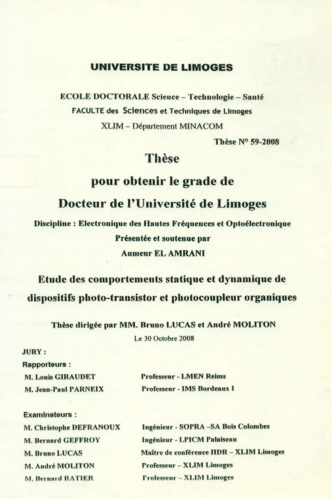 Etude des comportements statique et dynamique de dispositifs photo-transistor et photocoupleur organiques