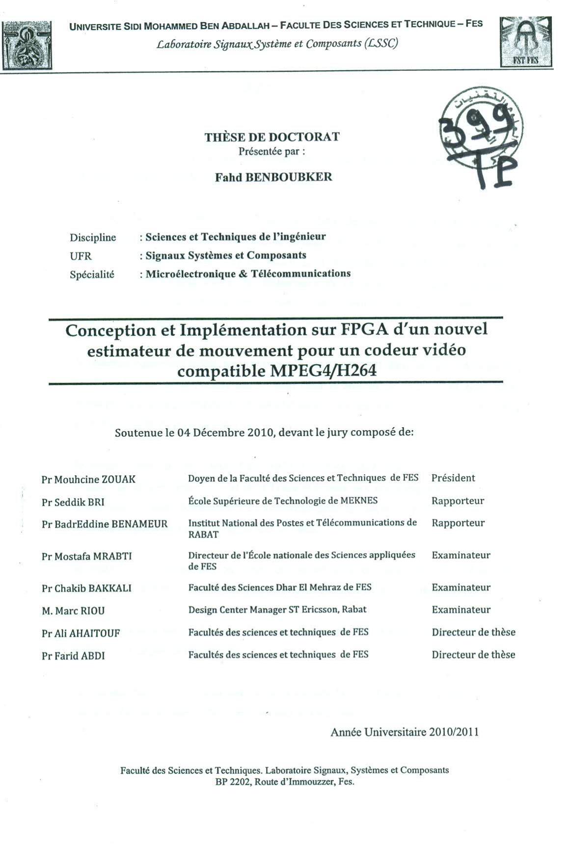 Conception et implémantation sur FPGA d'un nouvel estimateur de mouvement pour un codeur vidéo compatible MPEG4/H264