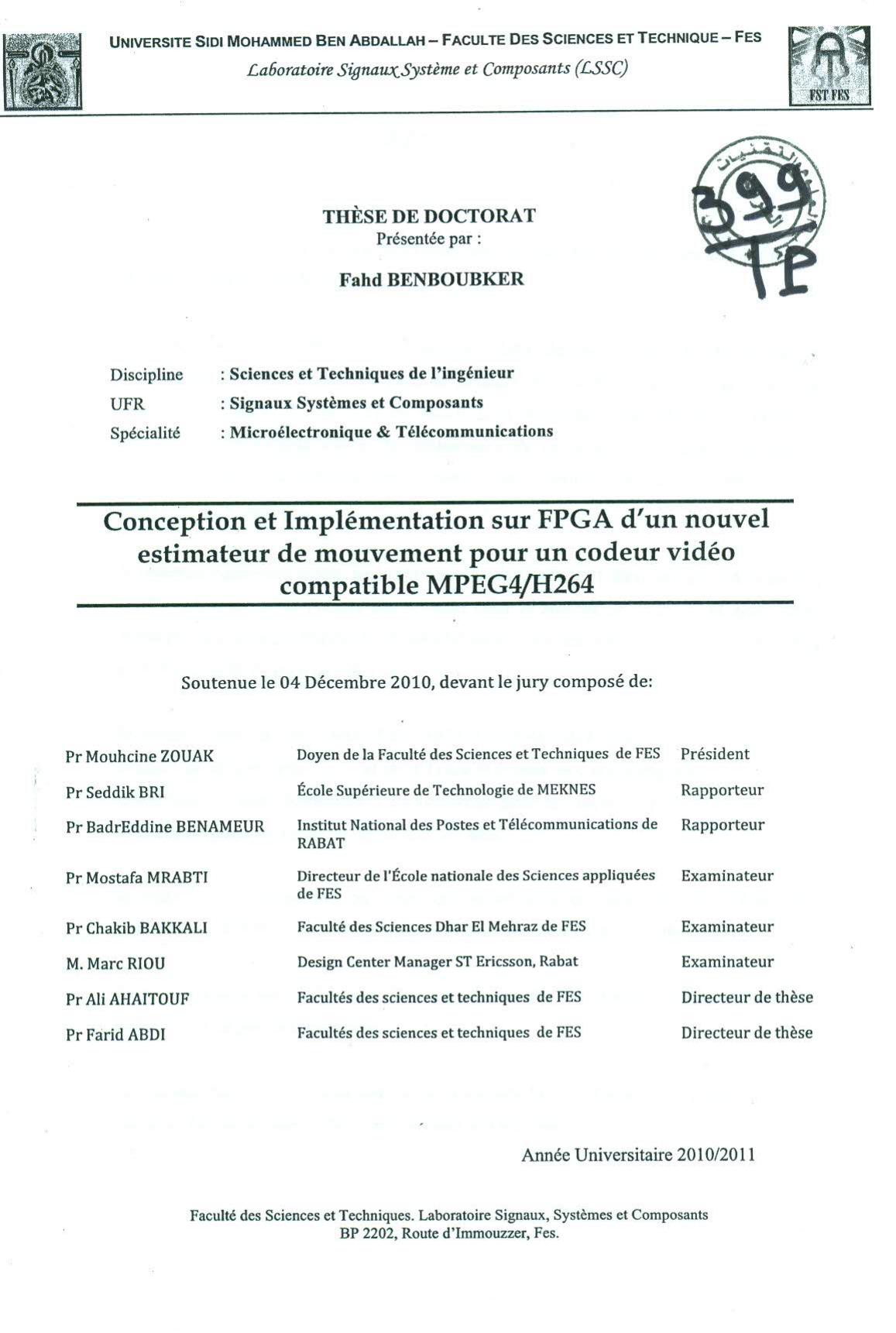 Conception et implémantation sur FPGA d'un nouvel estimateur de mouvement pour un codeur vidéo compatible MPEG4/H264