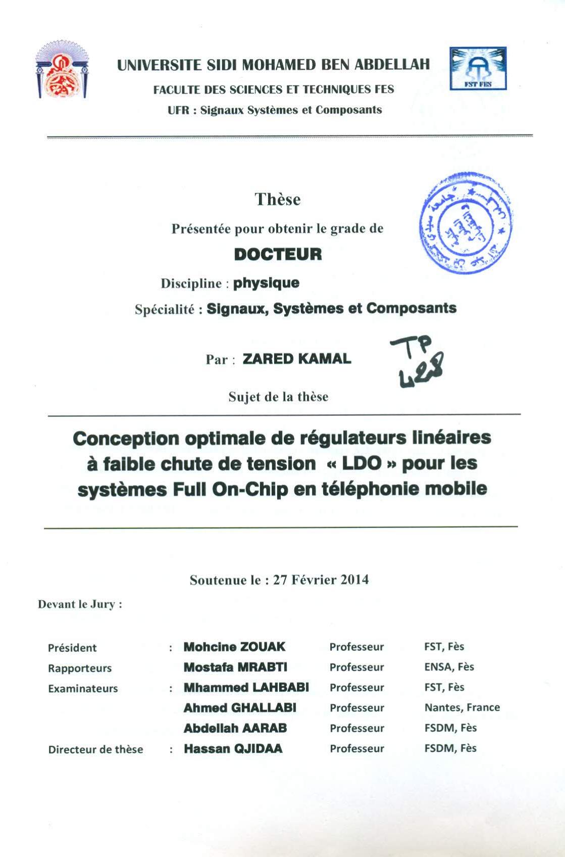 Conception optimale de régulateurs linéaires à faible chute de tension "LDO" pour les systèmes Full On-Chip en téléphonie Mobile