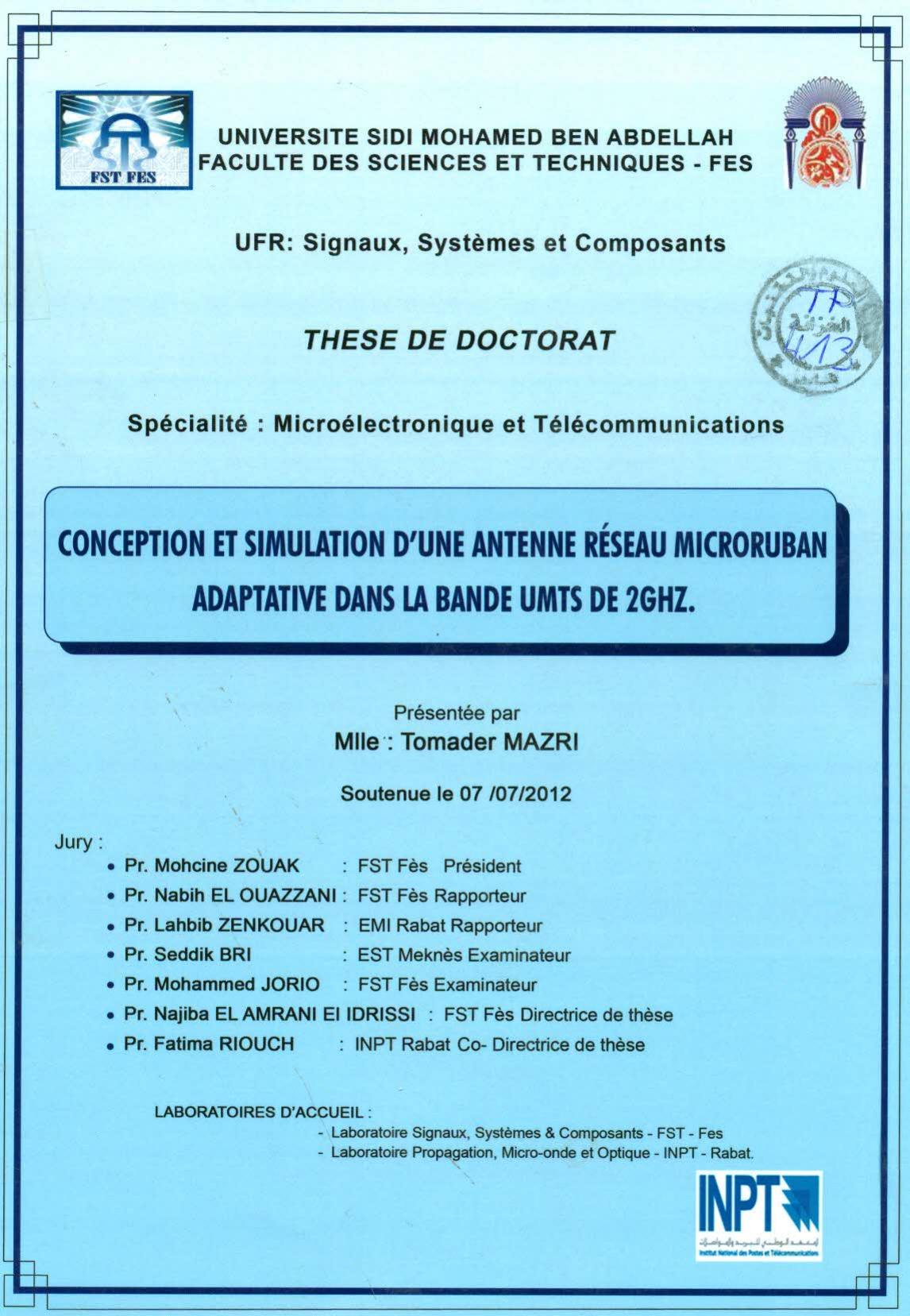 Conception et simulation d'une antenne réseau microruban adaptative dans la bande UMTS de 2GHZ