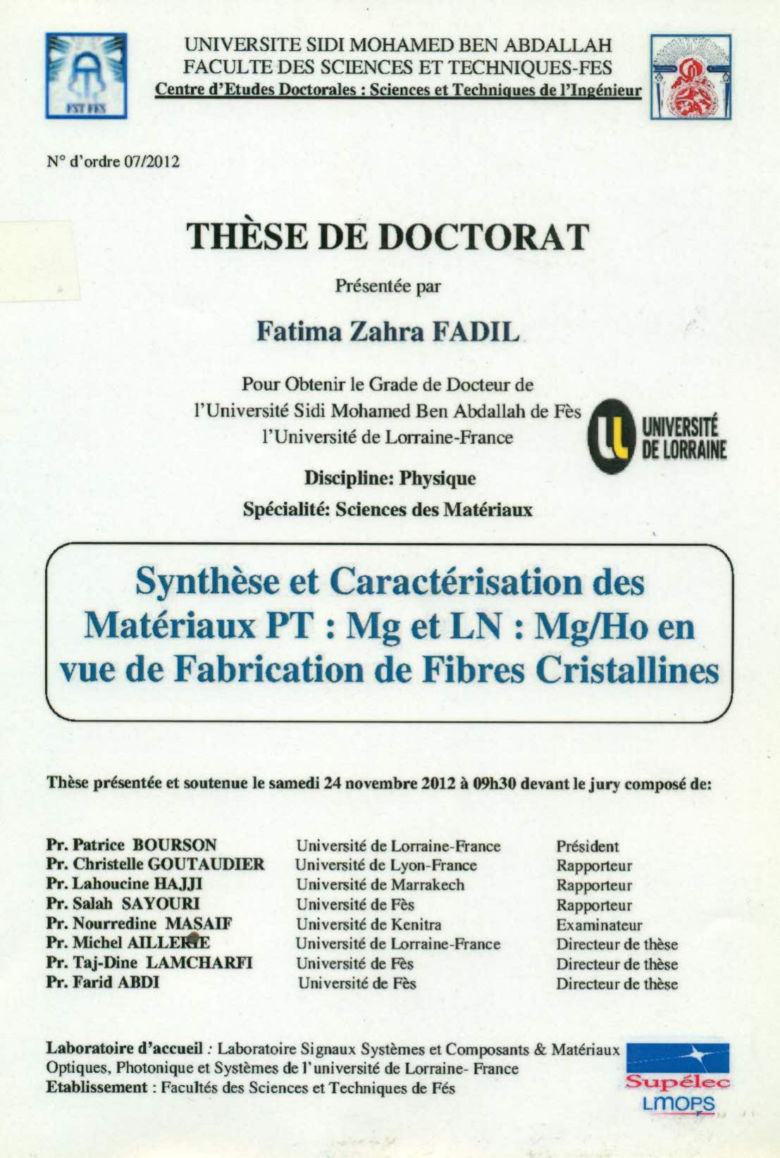 Synthèse et caractérisation des mtériaux PT: Mg et LN: Mg/Ho en vue de fabrication de fibres cristallines