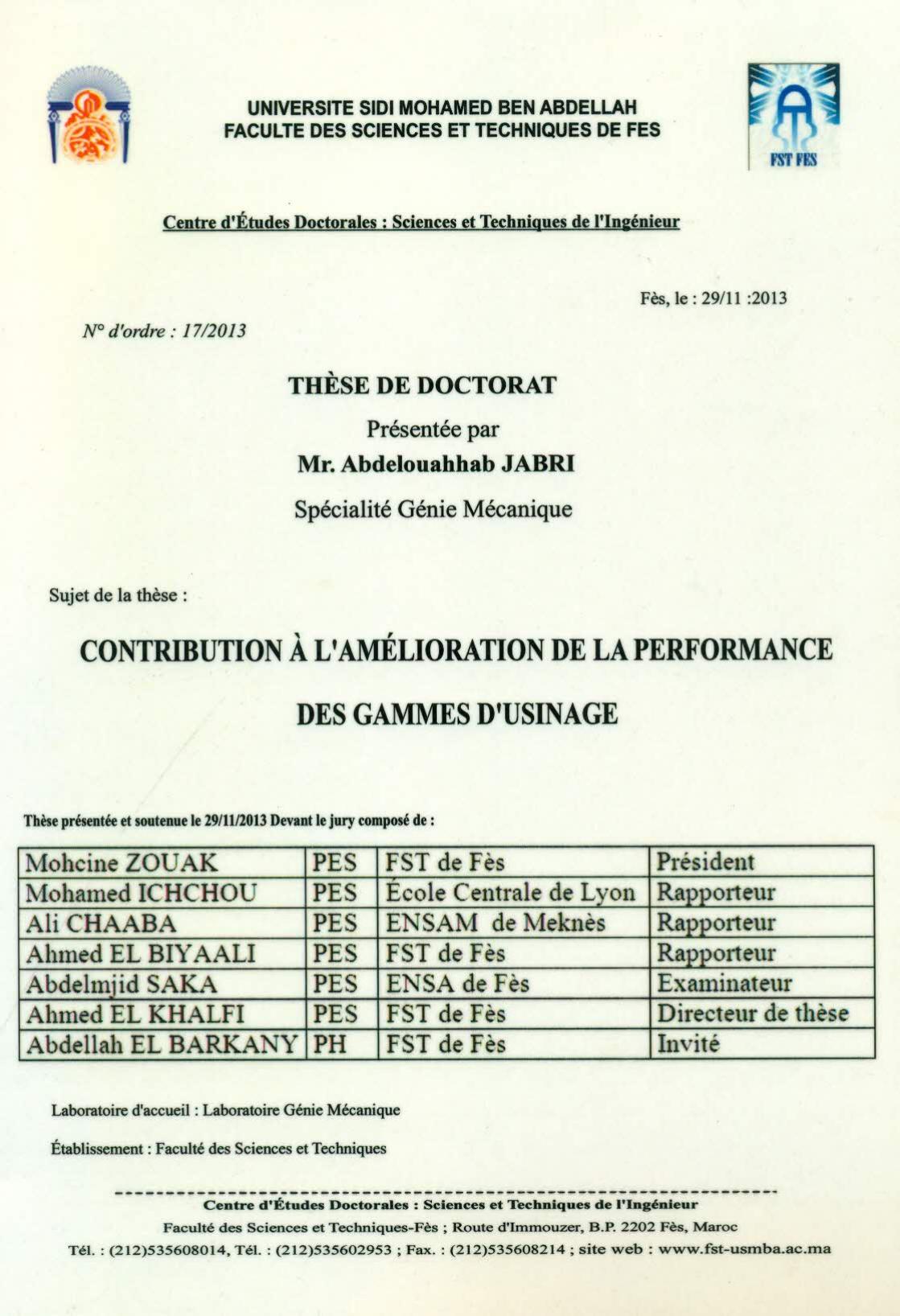 Contribution à l'amélioration de la performance des gammes d'usinage