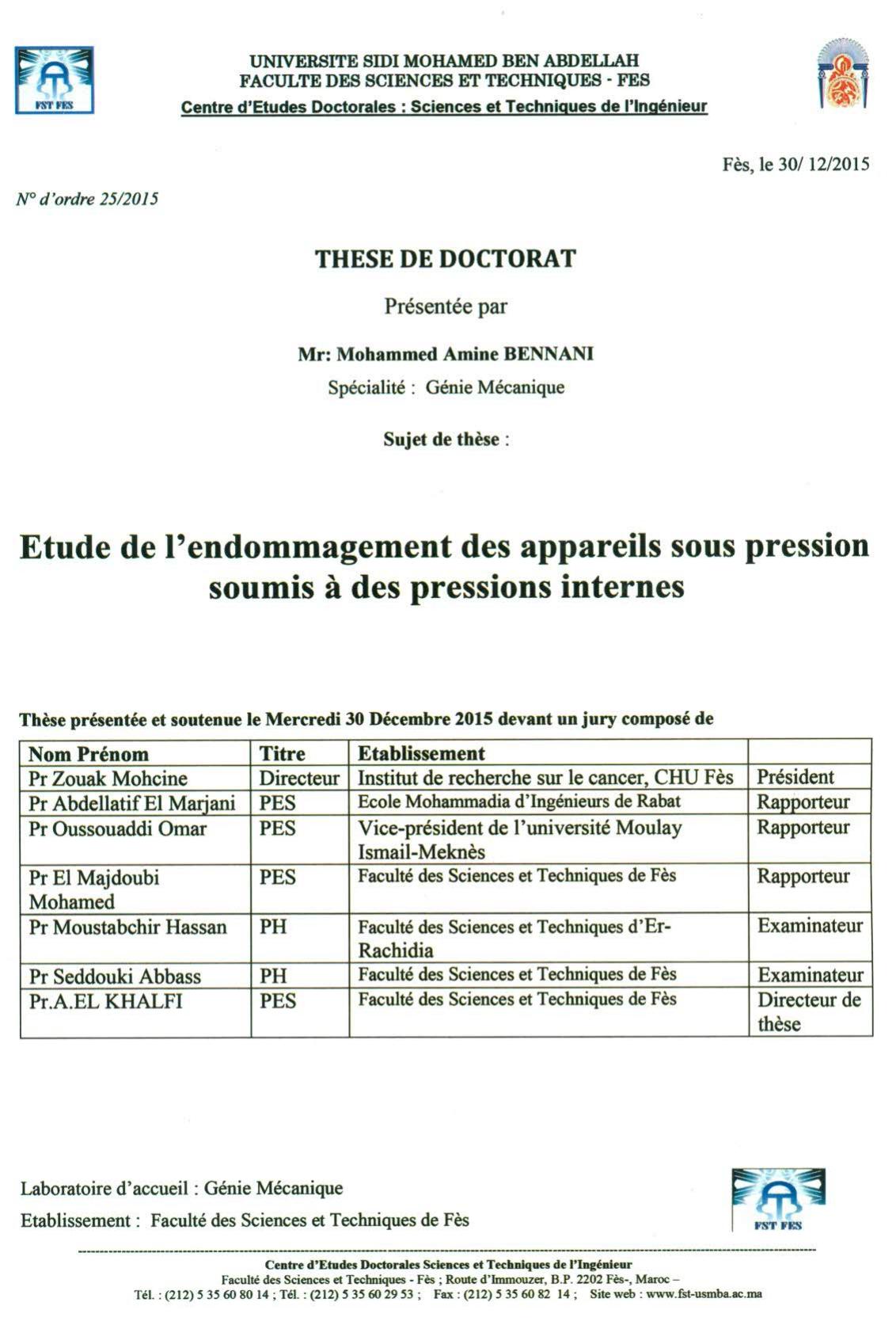 Etude de l'endommagement des appreils sous pression soumis à des pressions internes