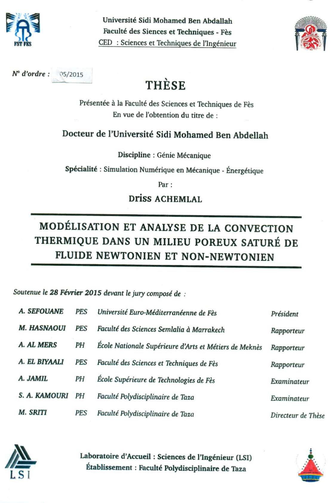 Modélisation et analysze de la convection thermique dans un milieu poreux saturé de fluide network et non-newtonien