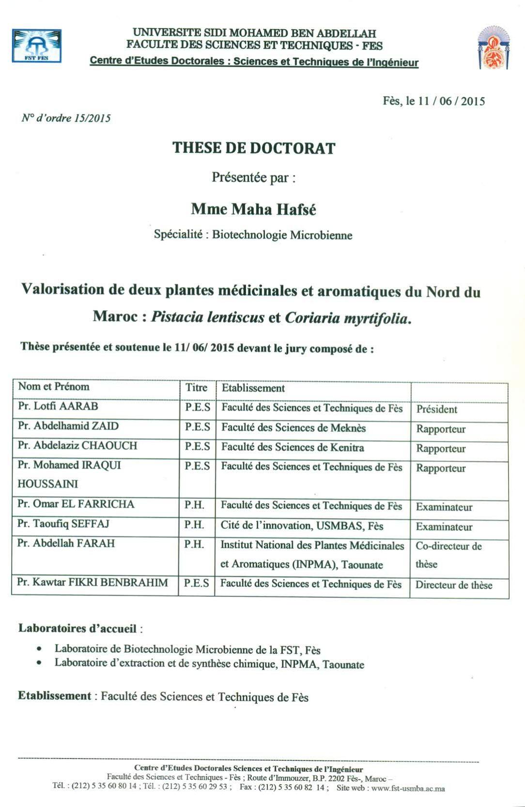 Valorisation de deux plantes médicinales et aromatiques du Nord du Maroc: Pistacia lentiscus et Coriaria myrtifolia