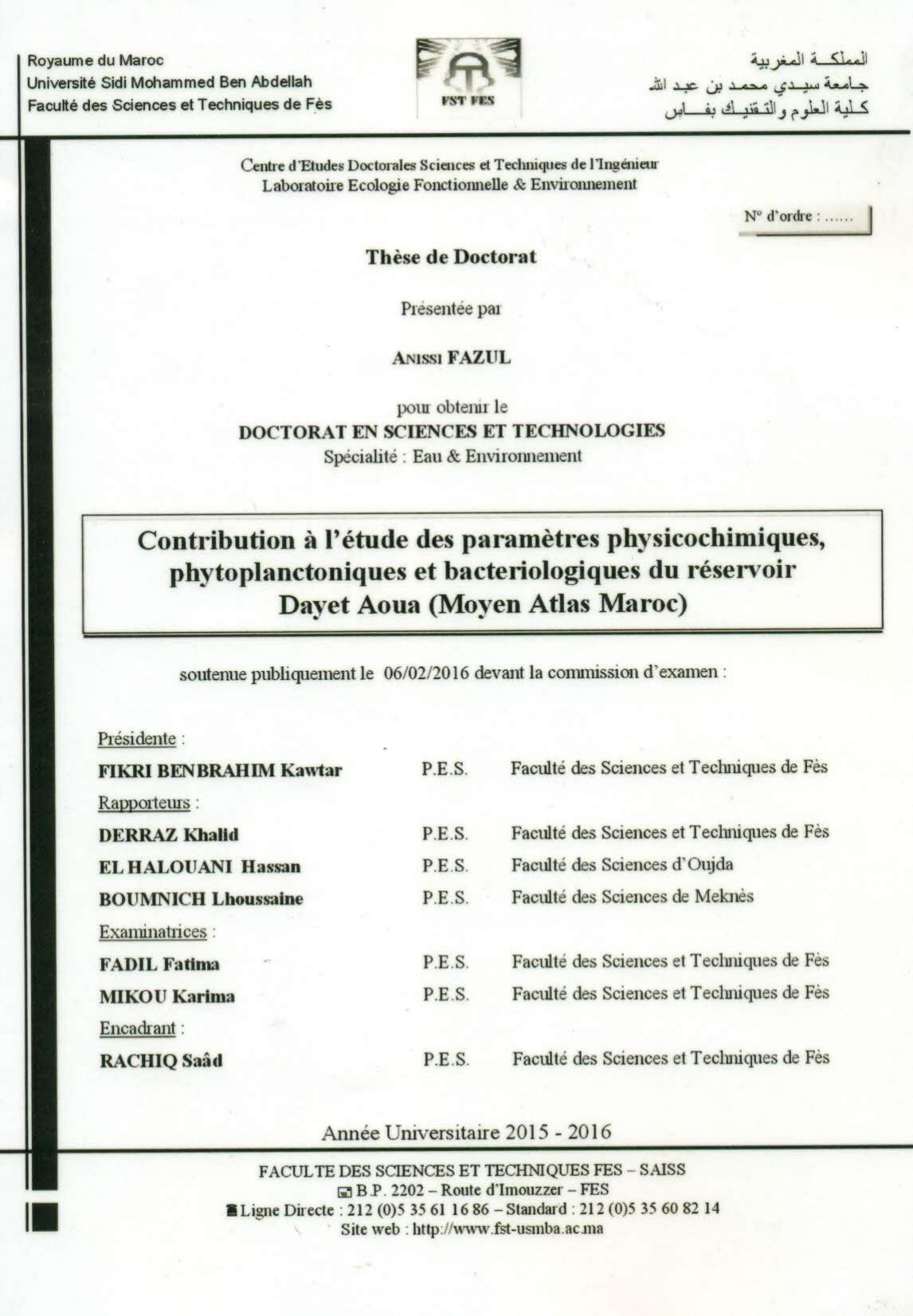 Contribution à l'étude des paramètres physicochimiques, Phytoplanctoniques et bactériologiques du réservoir Dayet Aoua (Moyen Atlas Maroc)