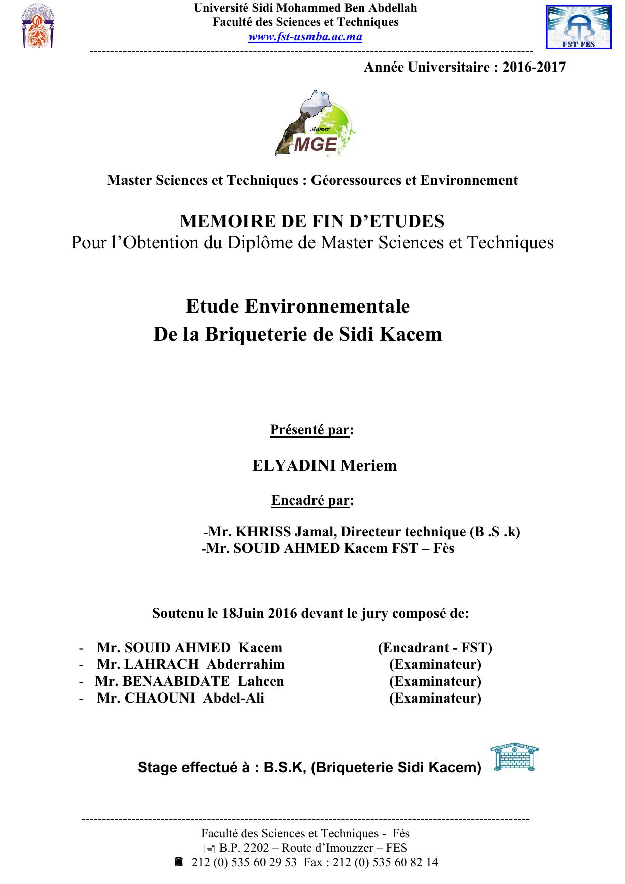 Etude Environnementale De la Briqueterie de Sidi Kacem