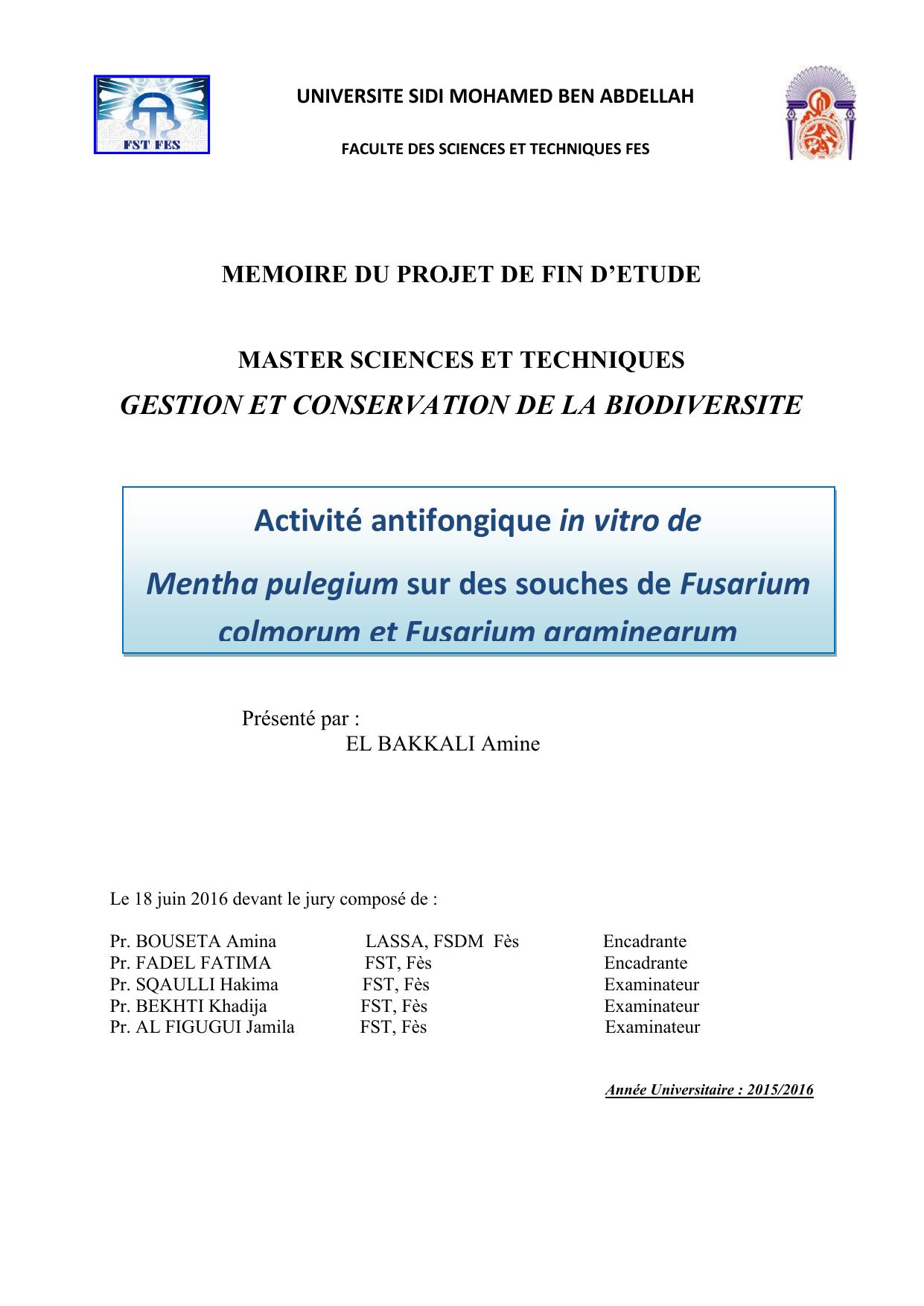 Activité antifongique in vitro de Mentha pulegium sur des souches de Fusarium colmorum et Fusarium graminearum