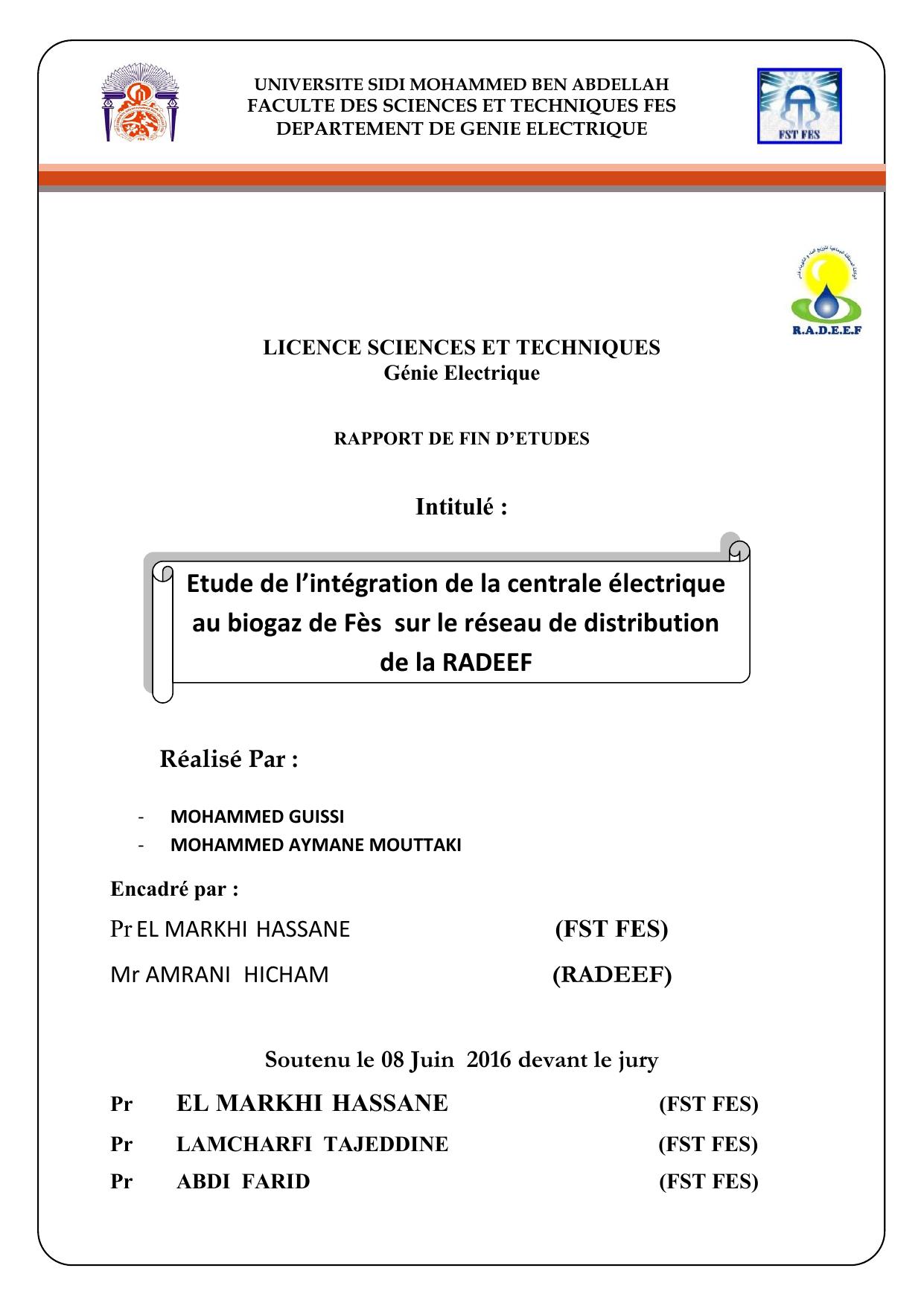 Etude de l’intégration de la centrale électrique au biogaz de Fès sur le réseau de distribution de la RADEEF