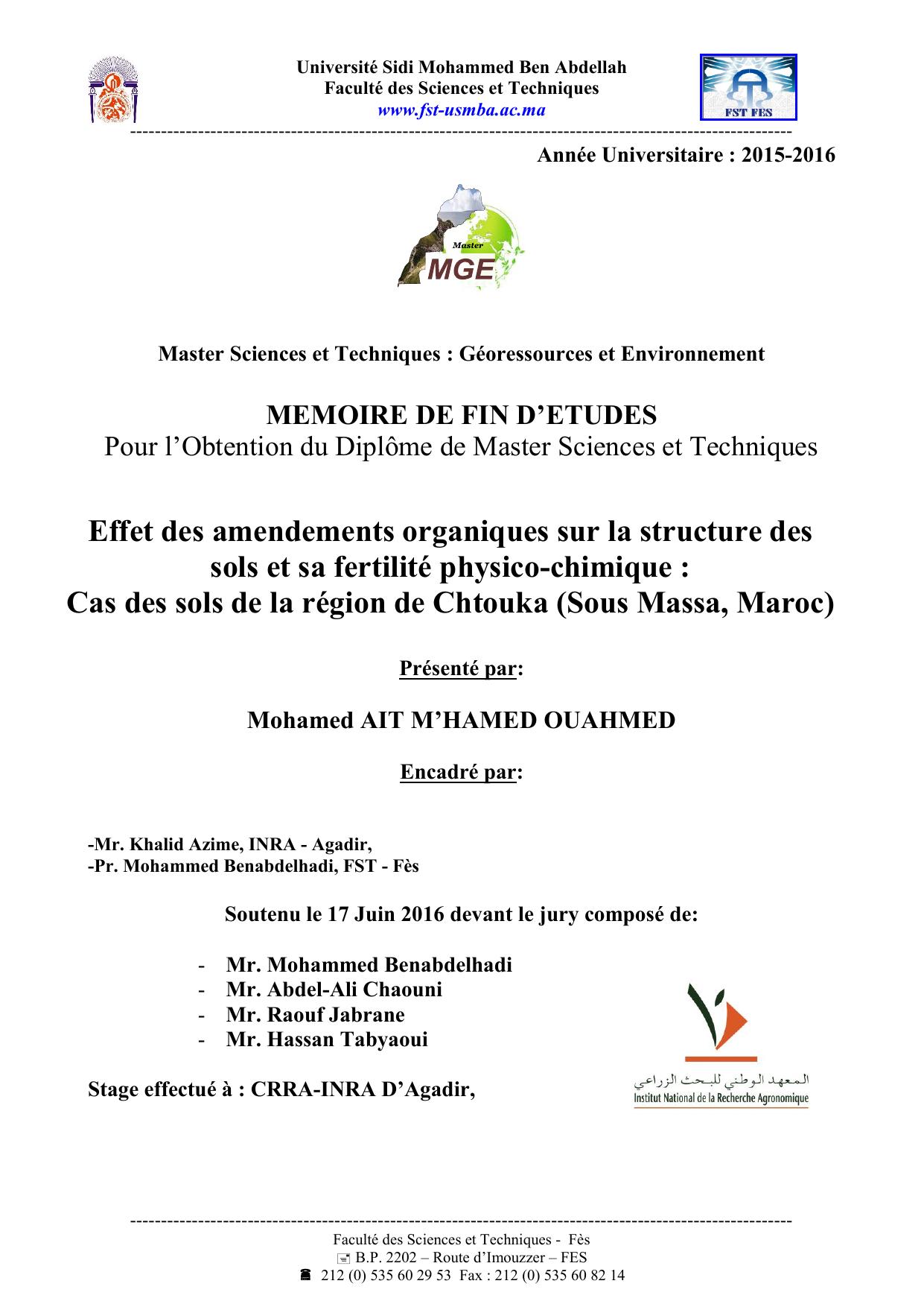 Effet des amendements organiques sur la structure des sols et sa fertilité physico-chimique : Cas des sols de la région de Chtouka (Sous Massa, Maroc)
