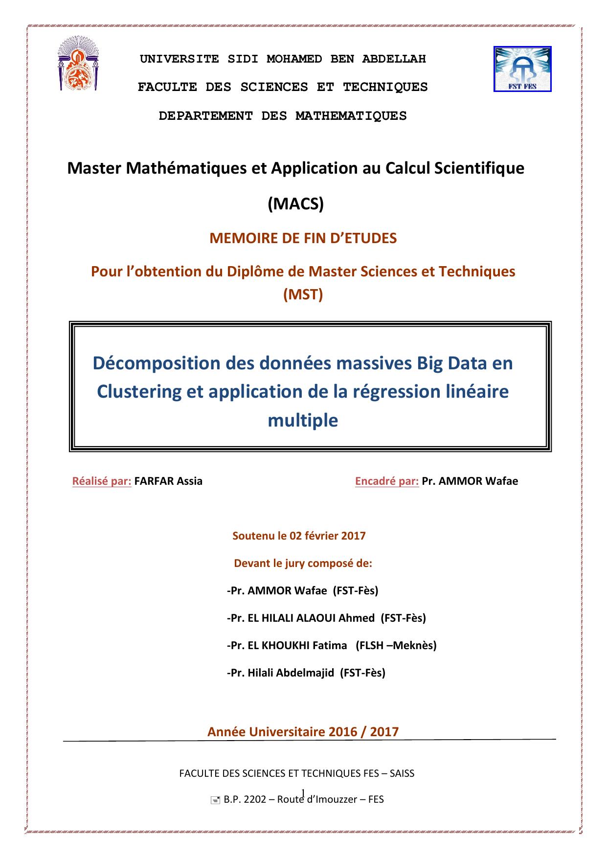 Décomposition des données massives Big Data en Clustering et application de la régression linéaire multiple