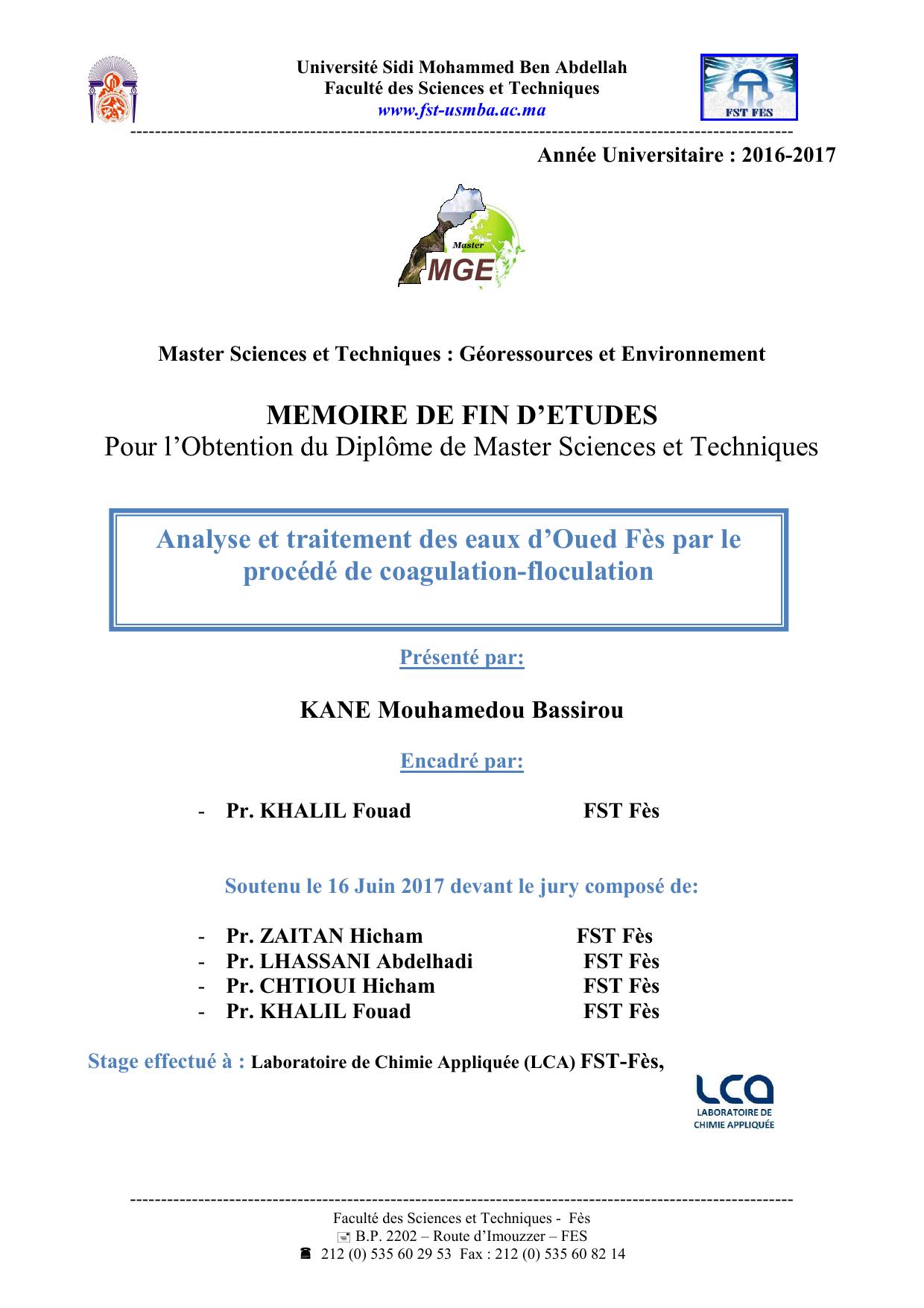 Analyse et traitement des eaux d’Oued Fès par le procédé de coagulation-floculation