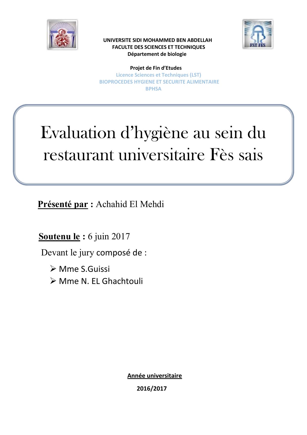 Evaluation d’hygiène au sein du restaurant universitaire Fès sais