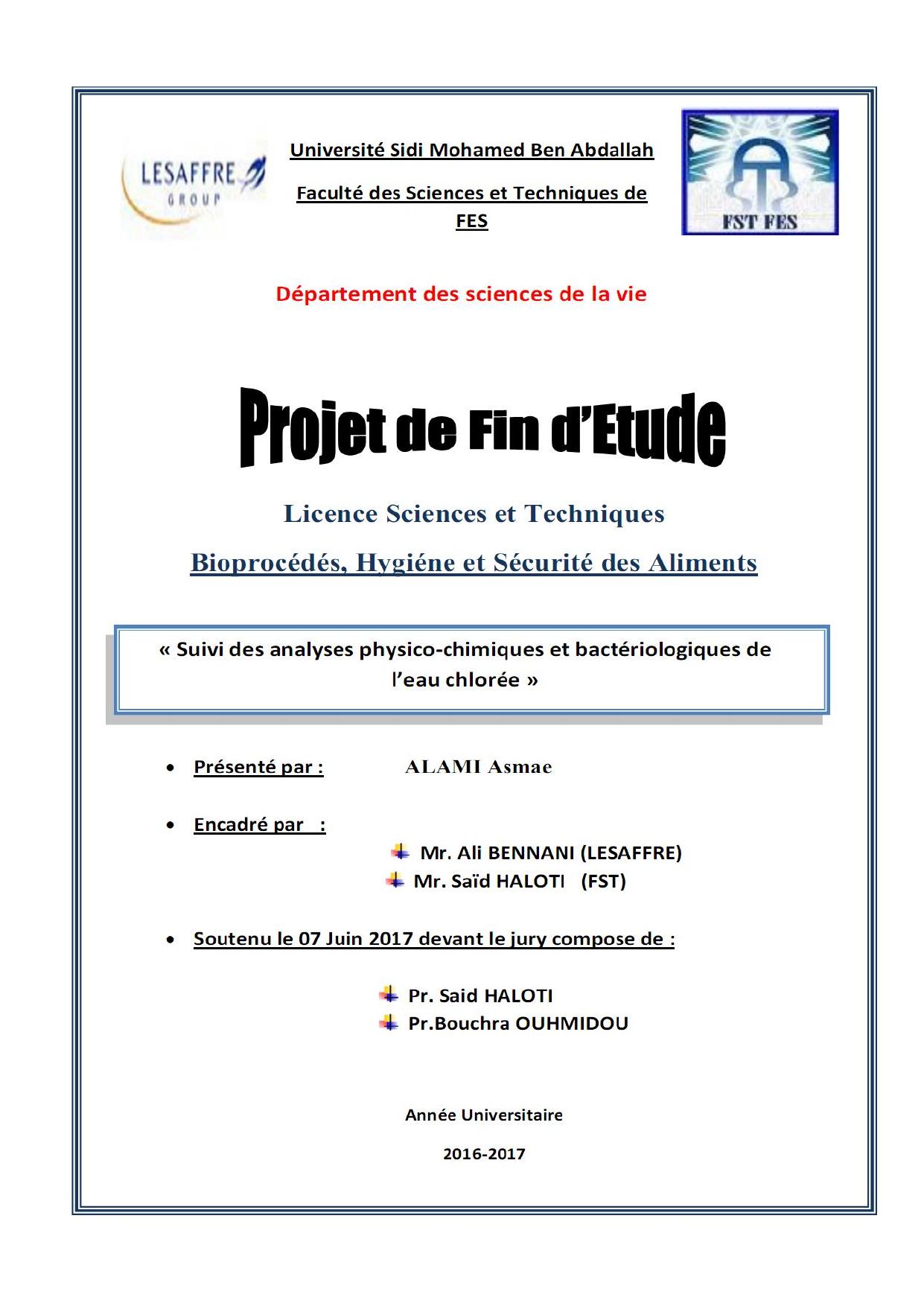 Suivi des analyses physico-chimiques et bactériologiques de l'eau chlorée