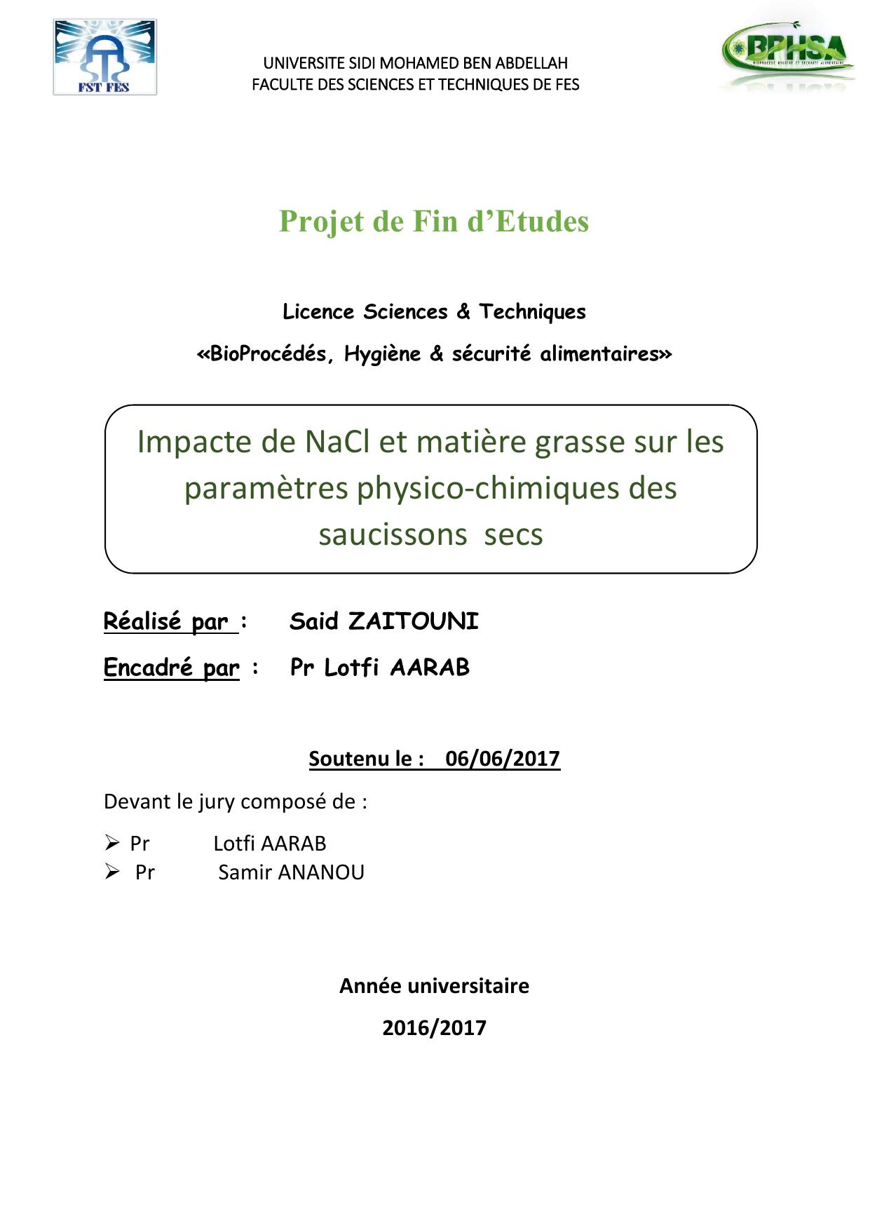 Impacte de NaCl et matière grasse sur les paramètres physico-chimiques des saucissons secs