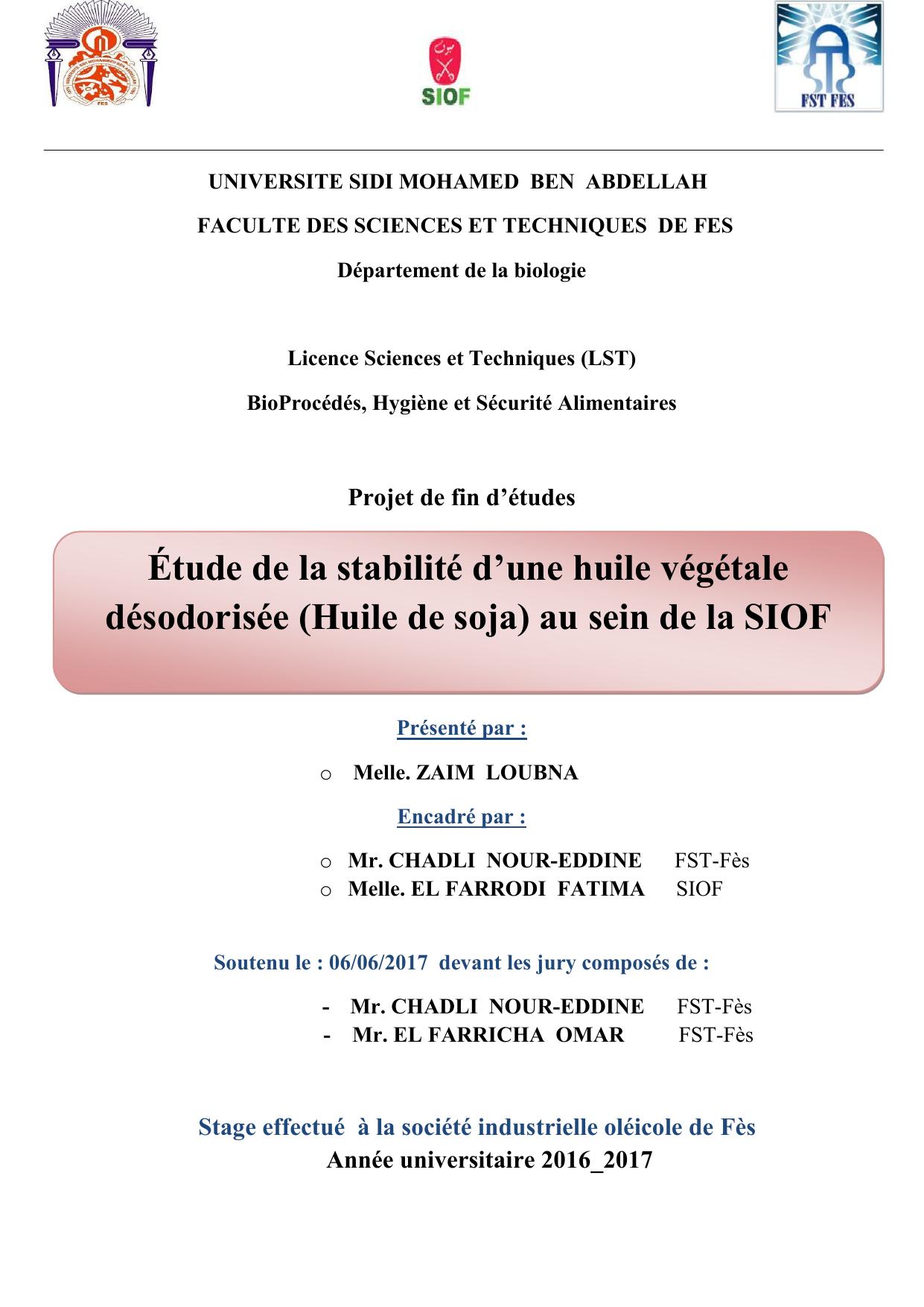 Étude de la stabilité d’une huile végétale désodorisée (Huile de soja) au sein de la SIOF