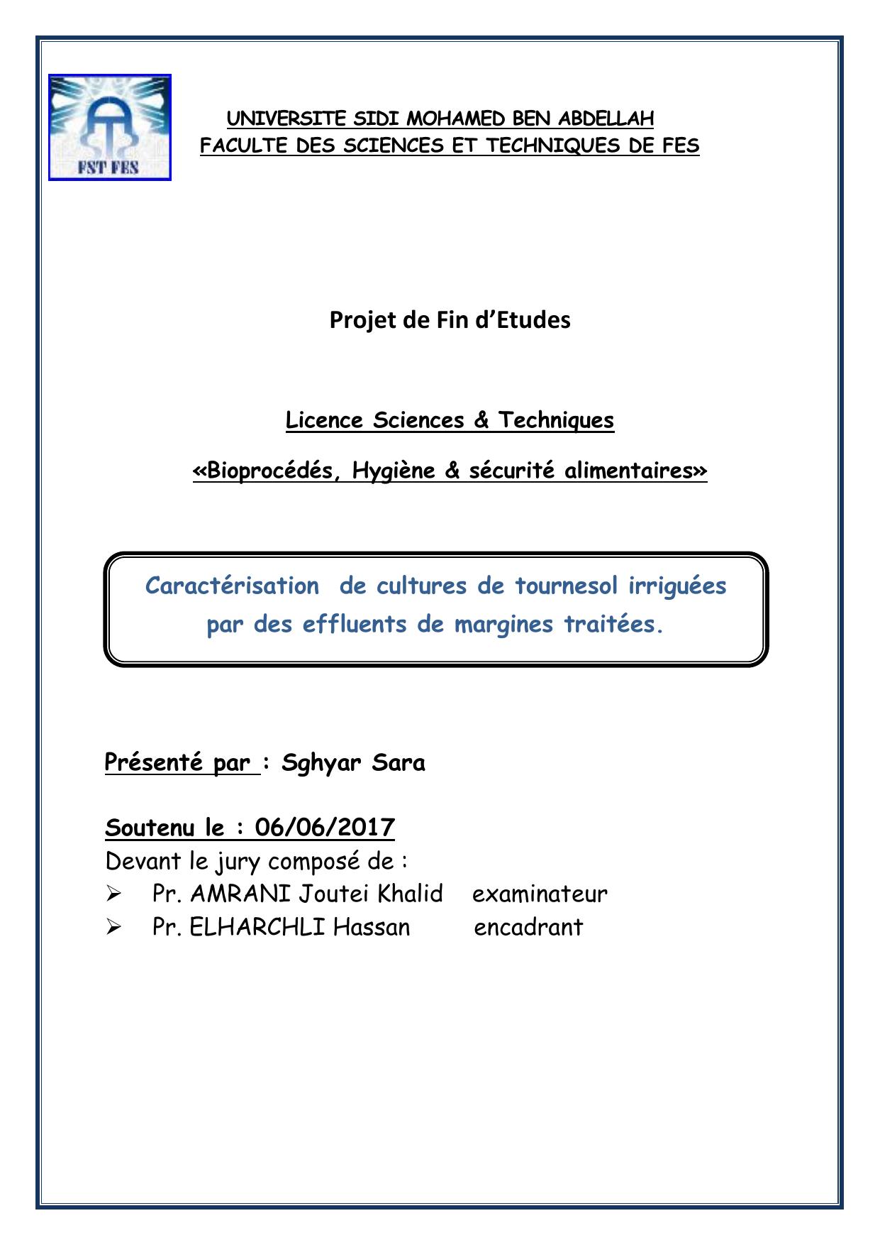 Caractérisation de cultures de tournesol irriguées par des effluents de margines traitées