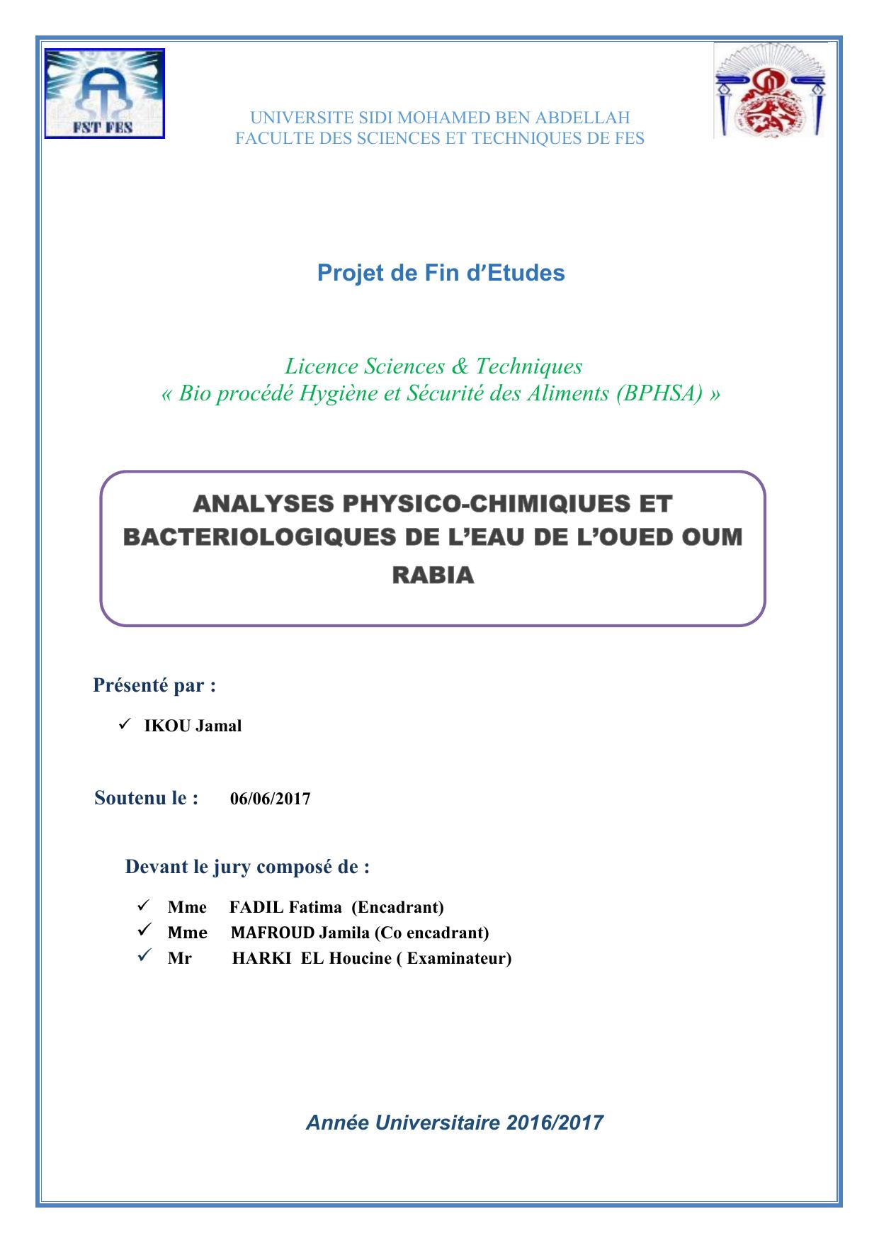 Analyses physico-chimiques et bactériologiques de l'eau de l'OUED Oum Rabia