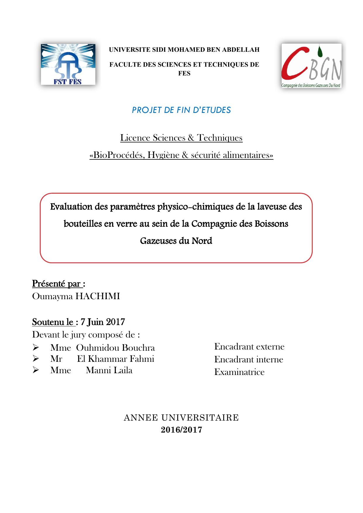 Evaluation des paramètres physico-chimiques de la laveuse des bouteilles en verre au sein de la Compagnie des Boissons Gazeuses du Nord