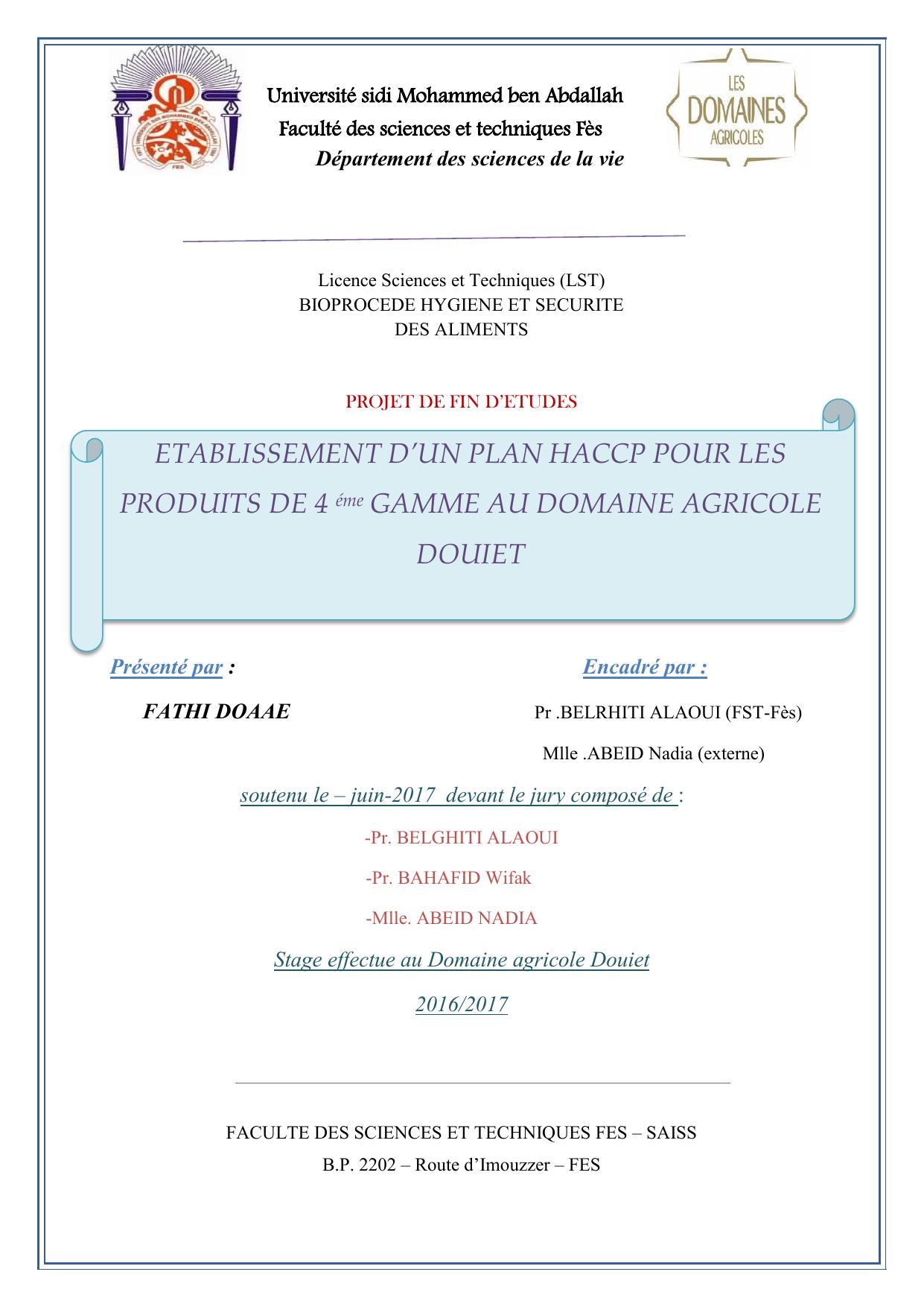 Etablissement d'un plan HACCP pour les produits de 4ème Gamme au domaine agricole Douiet