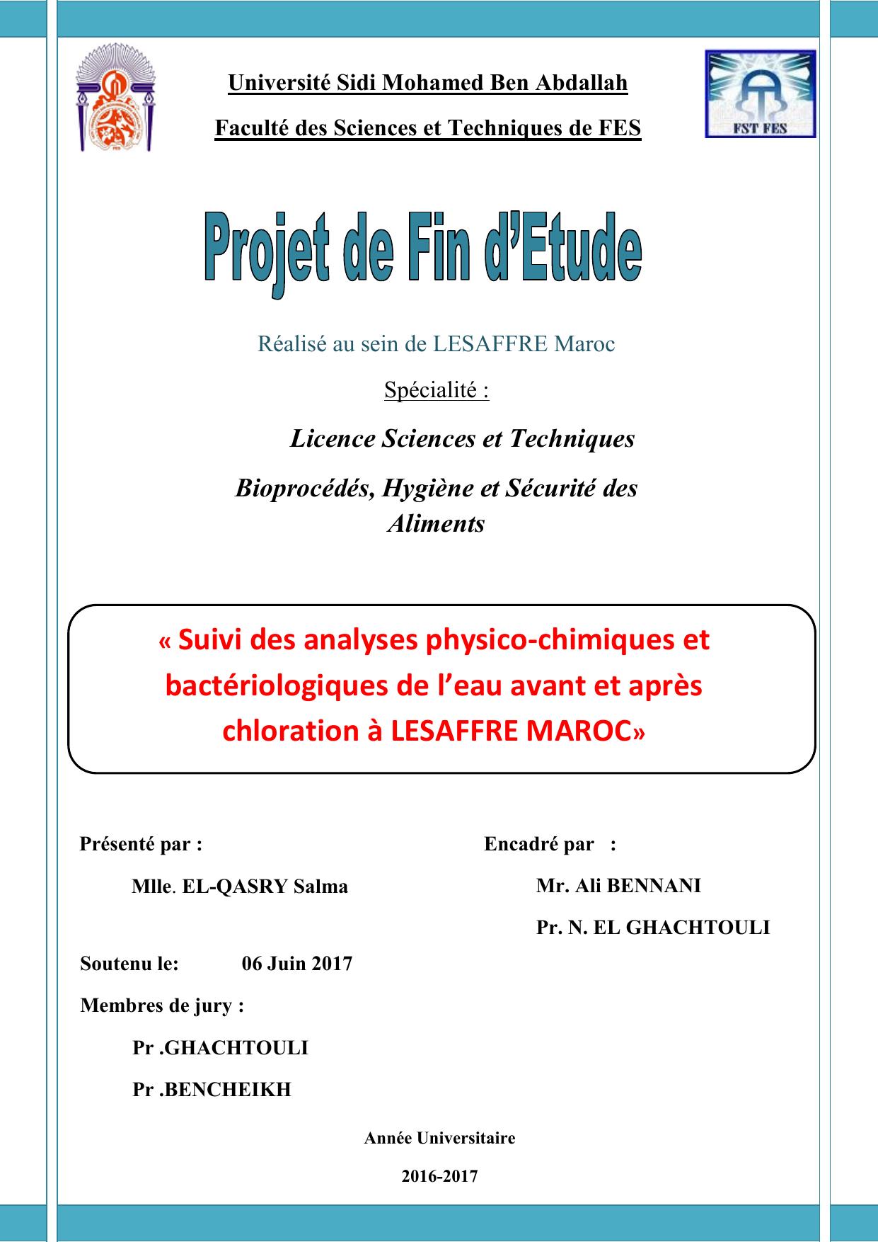 Suivi des analyses physico-chimiques et bactériologiques de l’eau avant et après chloration à LESAFFRE MAROC