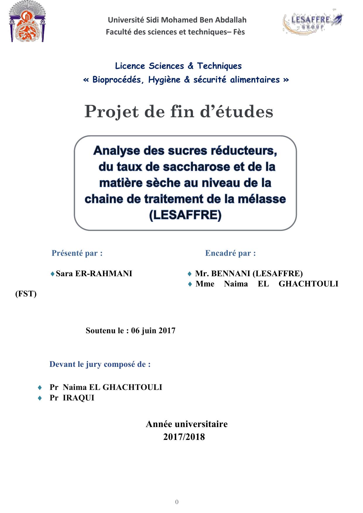 Analyse des sucres réducteurs, du taux de saccharose et de la matière sèche au niveau de la chaine de traitement de la mélasse (LESAFFRE)