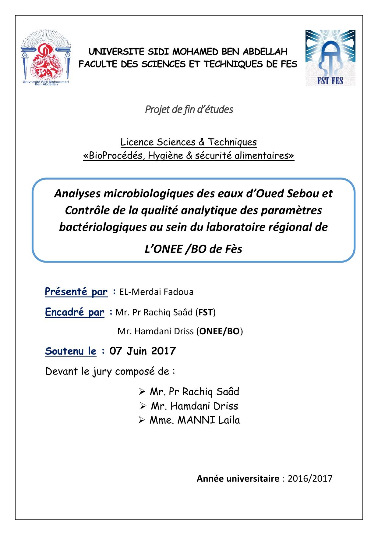 Analyses microbiologiques des eaux d’Oued Sebou et Contrôle de la qualité analytique des paramètres bactériologiques au sein du laboratoire régional de L’ONEE /BO de Fès