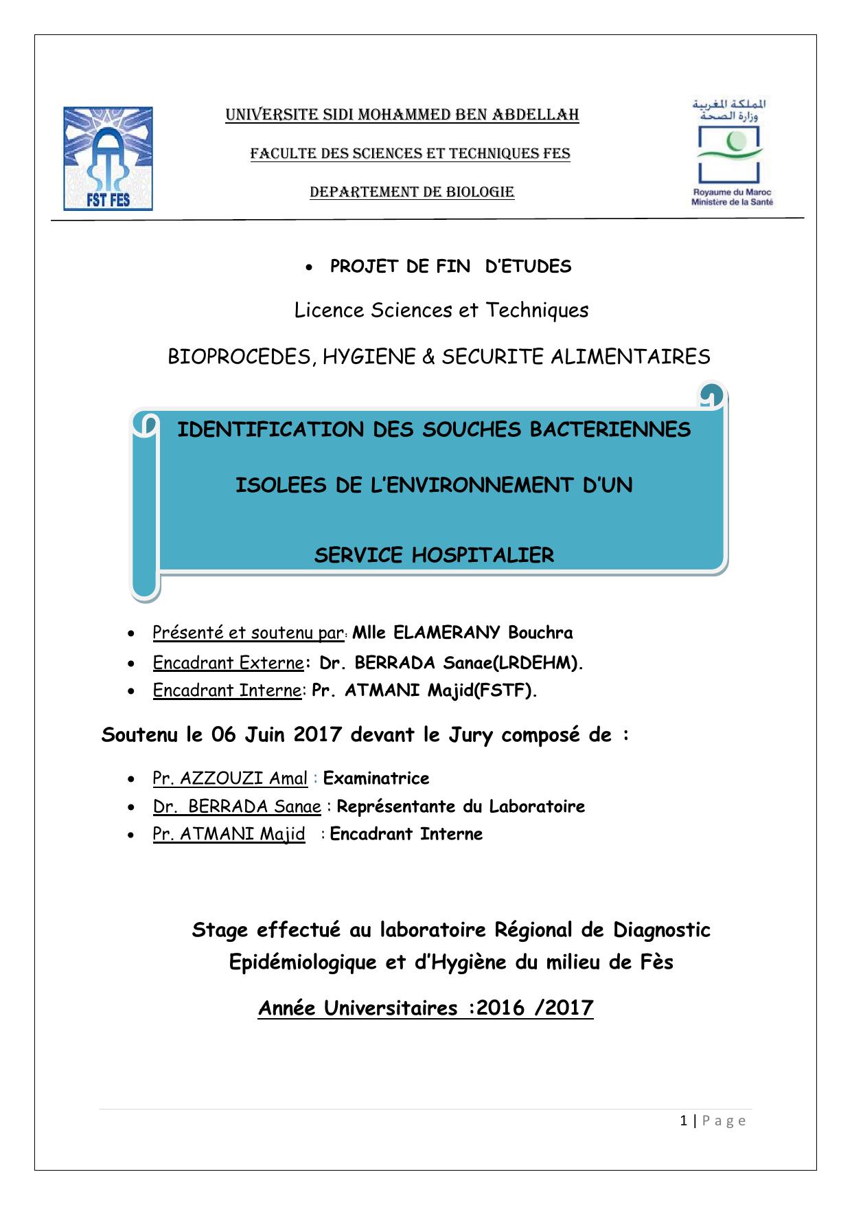 Identification des souches bactériennes isolées de l'environnement d'un service hospitalier