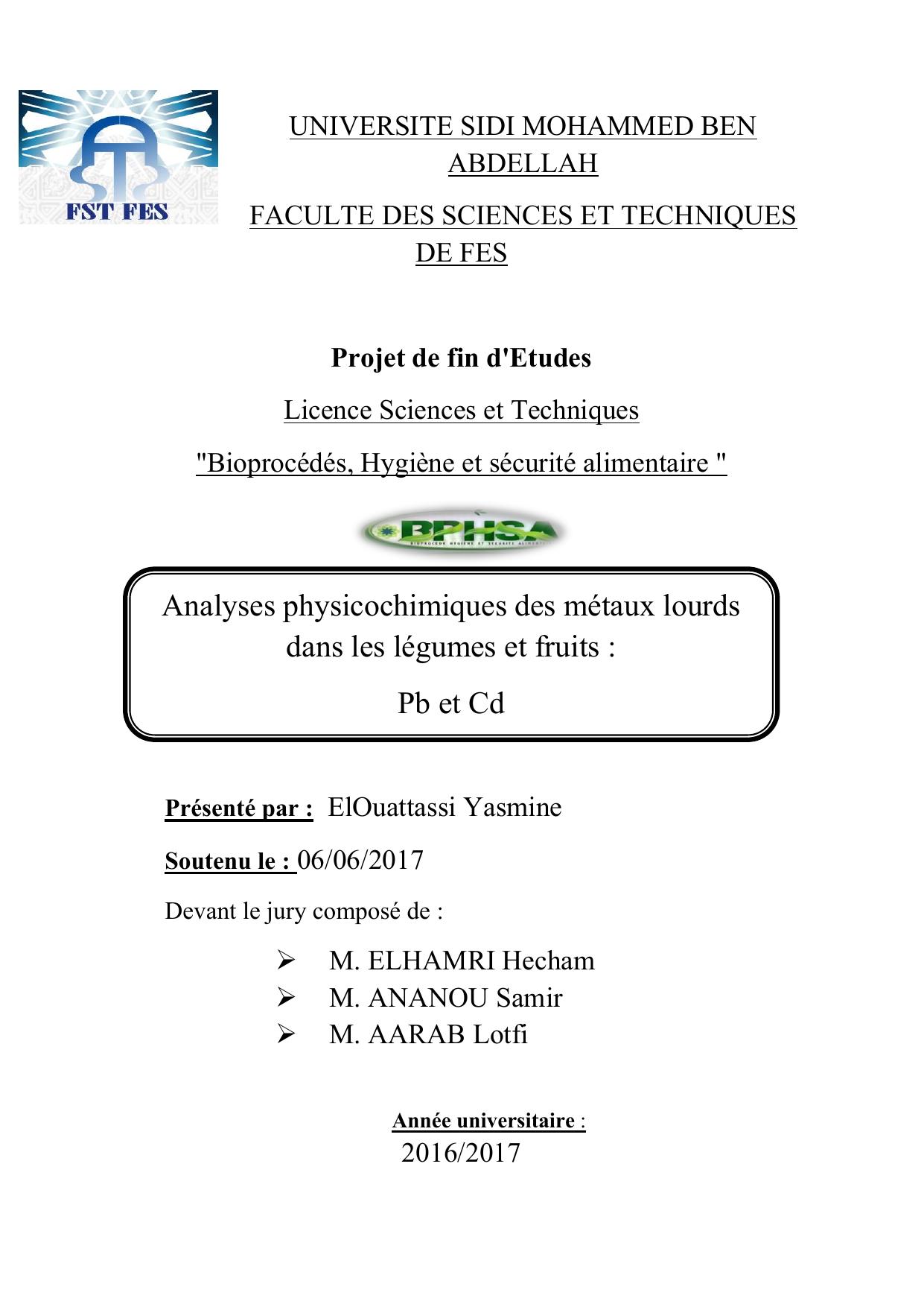 Analyses physicochimiques des métaux lourds dans les légumes et fruits : Pb et Cd