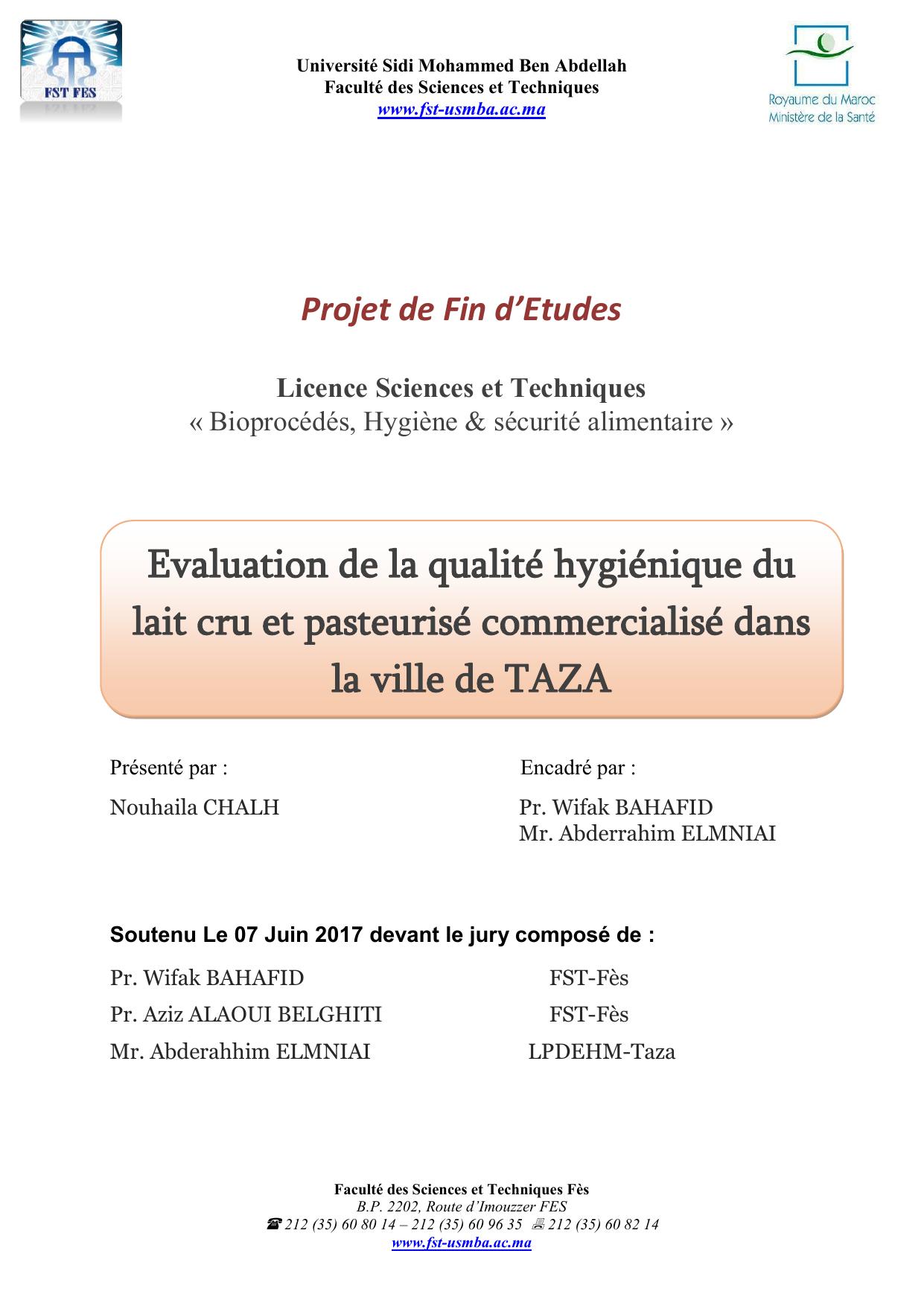 Evaluation de la qualité hygiénique du lait cru et pasteurisé commercialisé dans la ville de TAZA