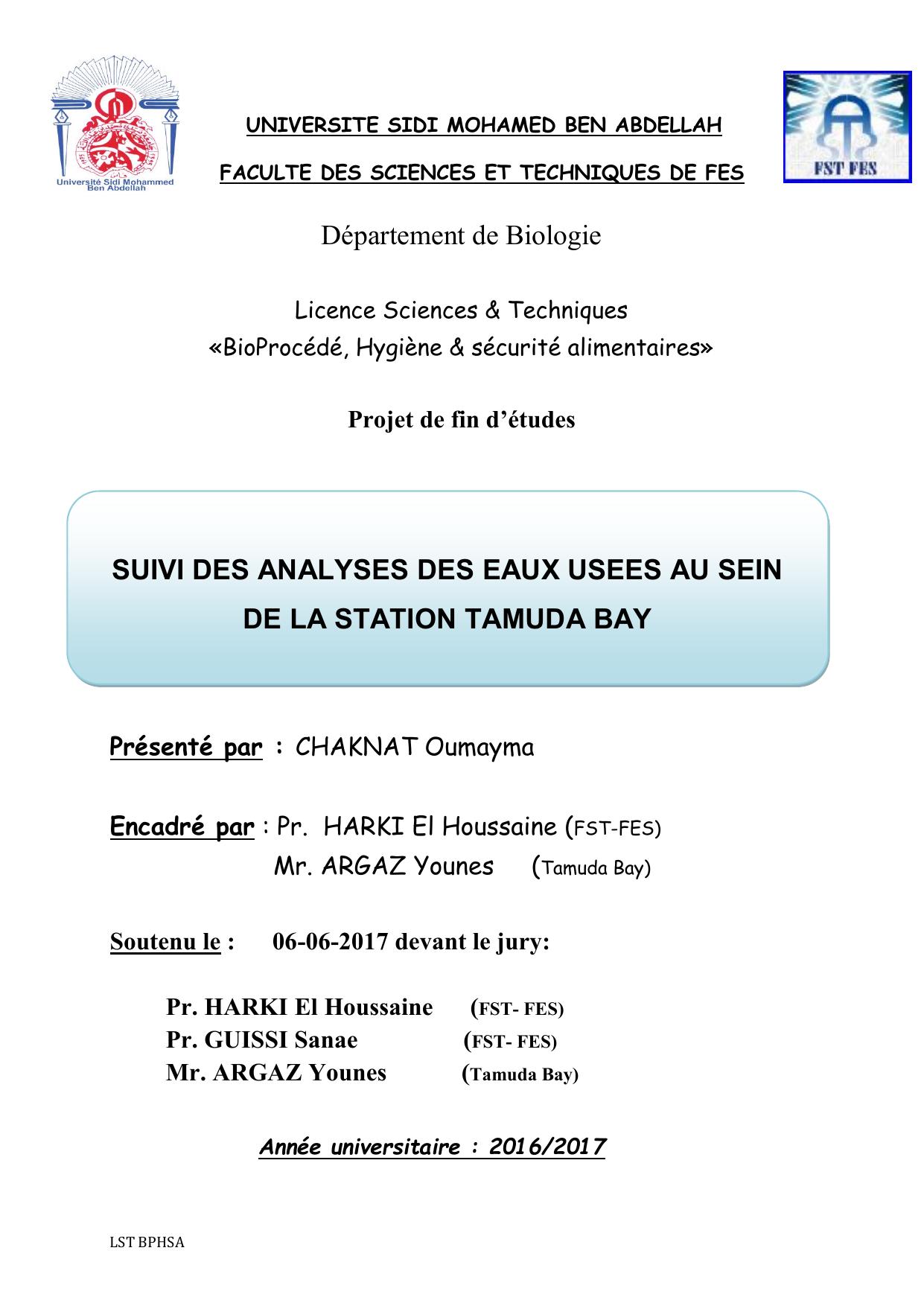 Suivi analyses des eaux usées au sein de la station TAMUDA BAY