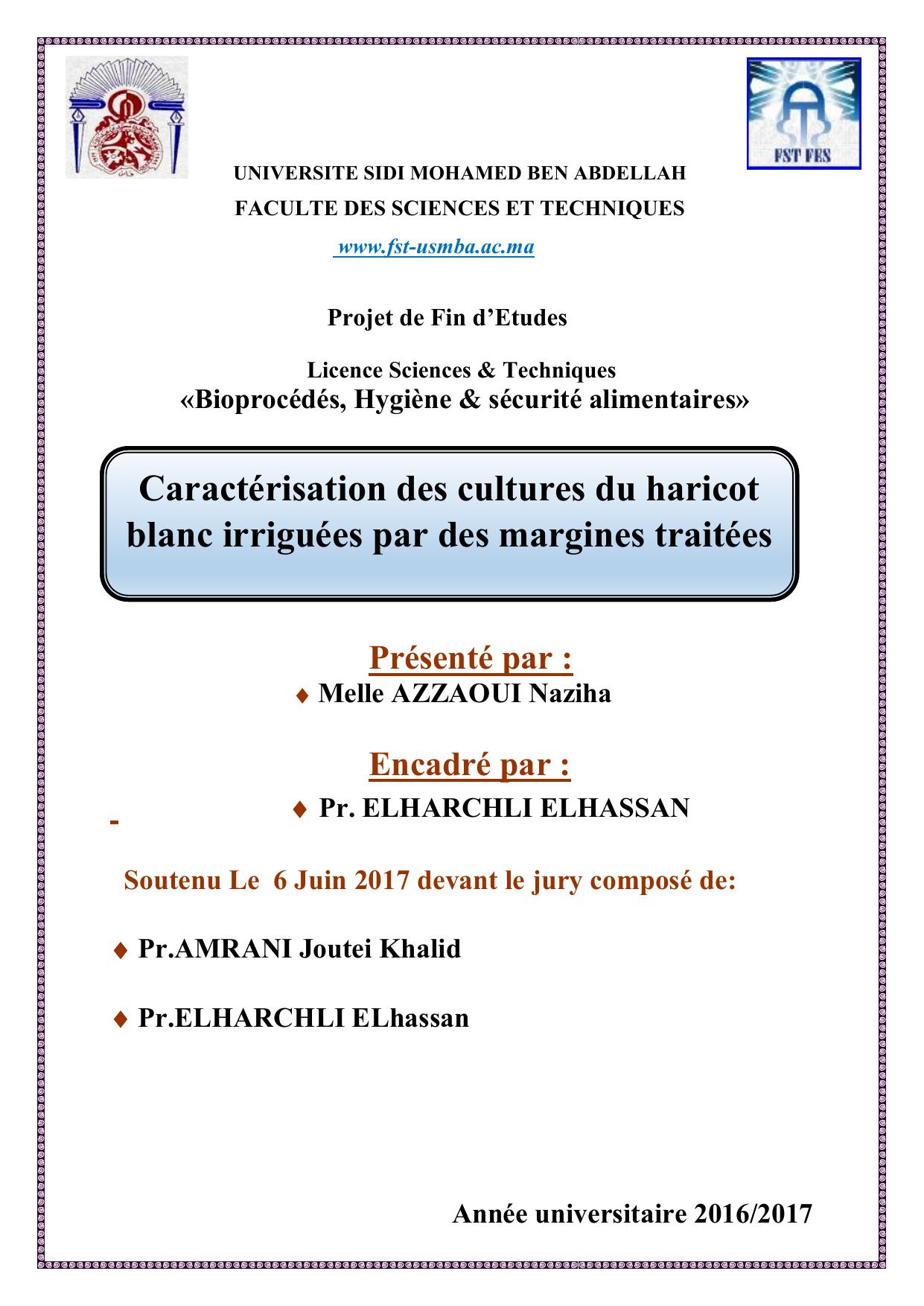 Caractérisation des cultures du haricot blanc irriguées par des margines traitées