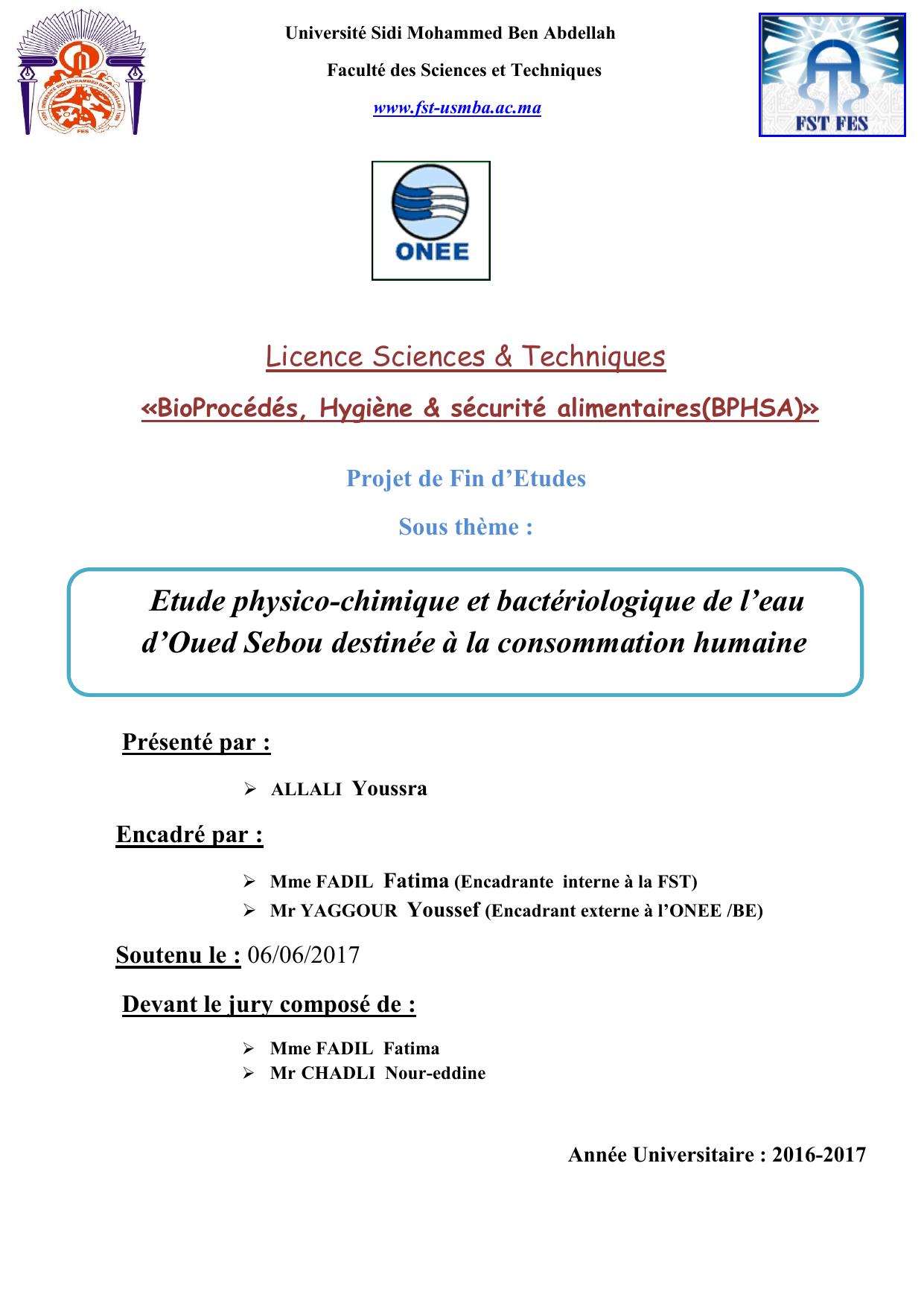 Etude physico-chimique et bactériologique de l’eau d’Oued Sebou destinée à la consommation humaine