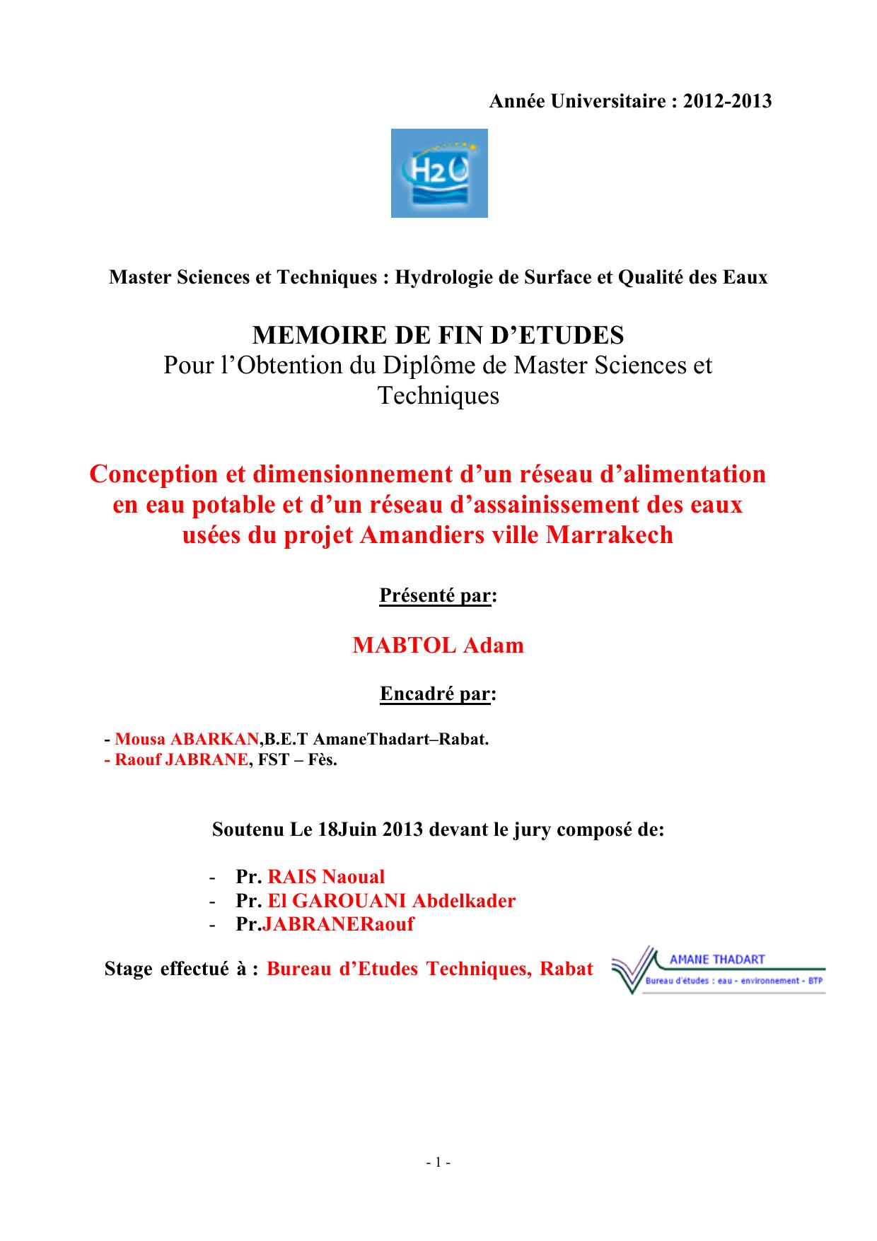 Conception et dimensionnement d’un réseau d'alimentation en eau potable et d'un réseau d'assainissement des eaux usées du projet Amandiers Ville de Marrakech