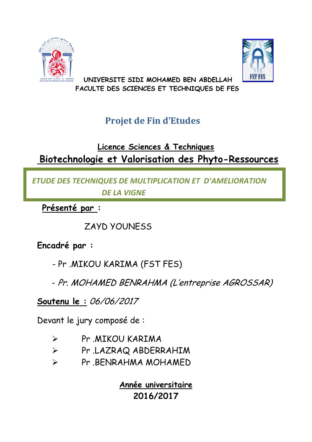 Etude des techniques de multiplication et d'amélioration de la vigne