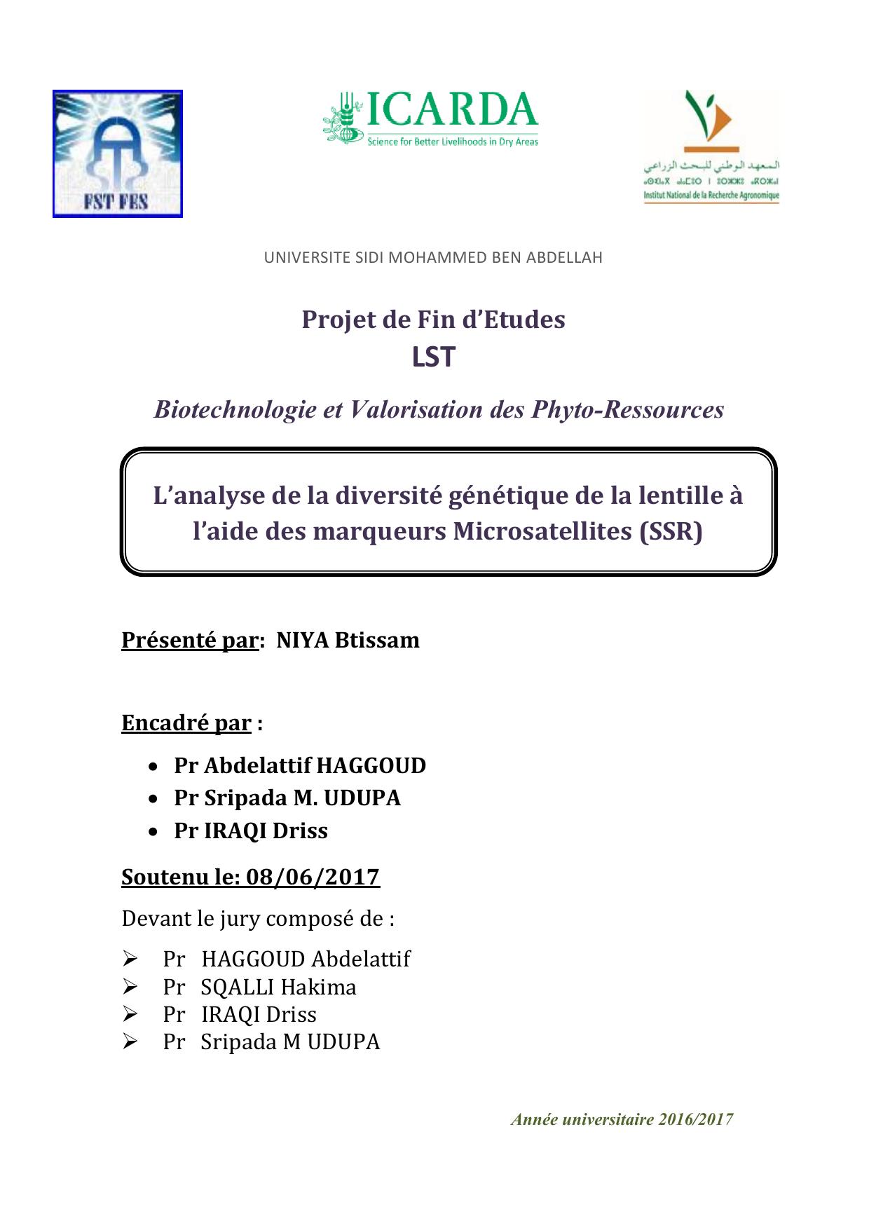 L’analyse de la diversité génétique de la lentille à l’aide des marqueurs Microsatellites (SSR)