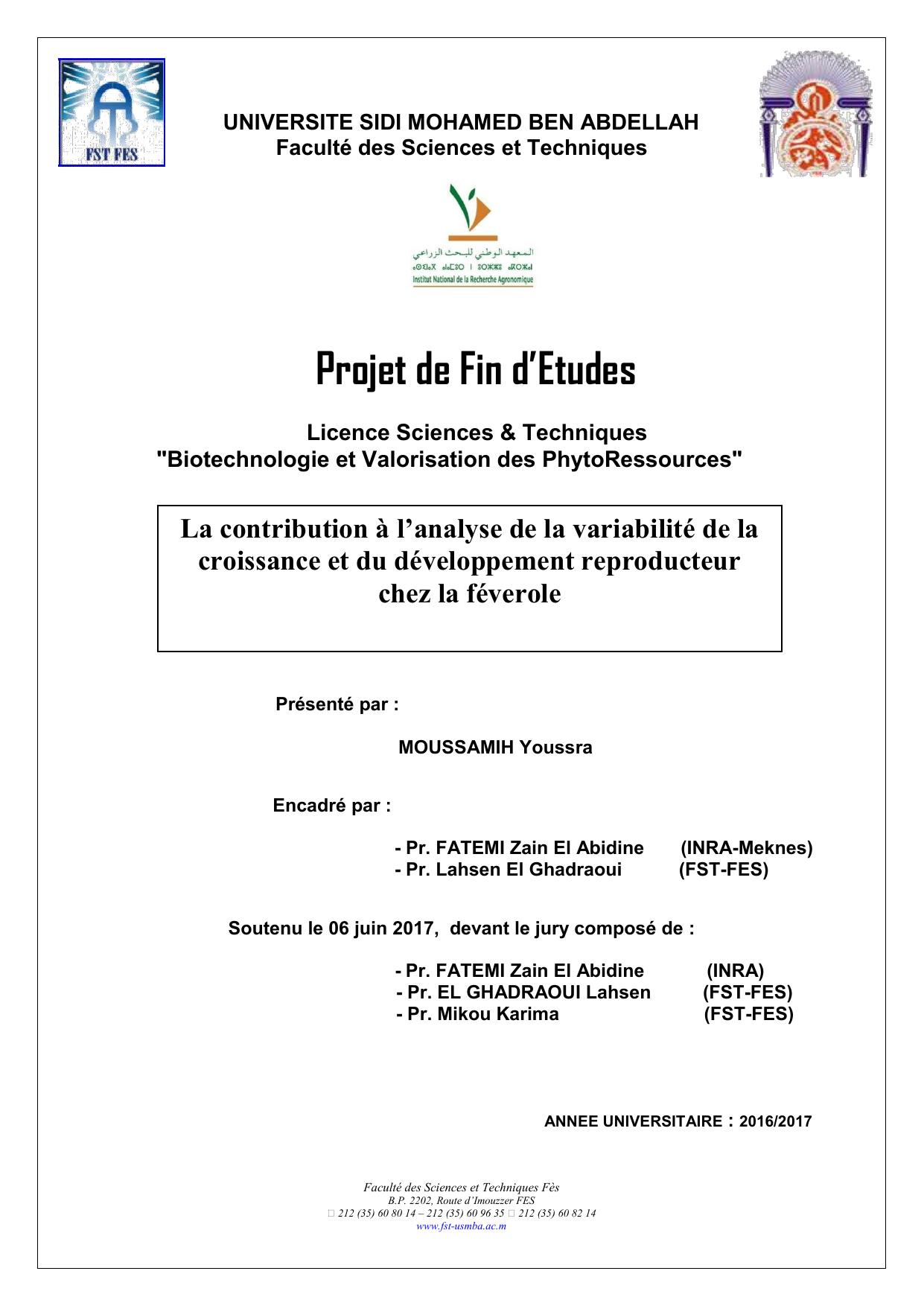 La contribution à l’analyse de la variabilité de la croissance et du développement reproducteur chez la féverole