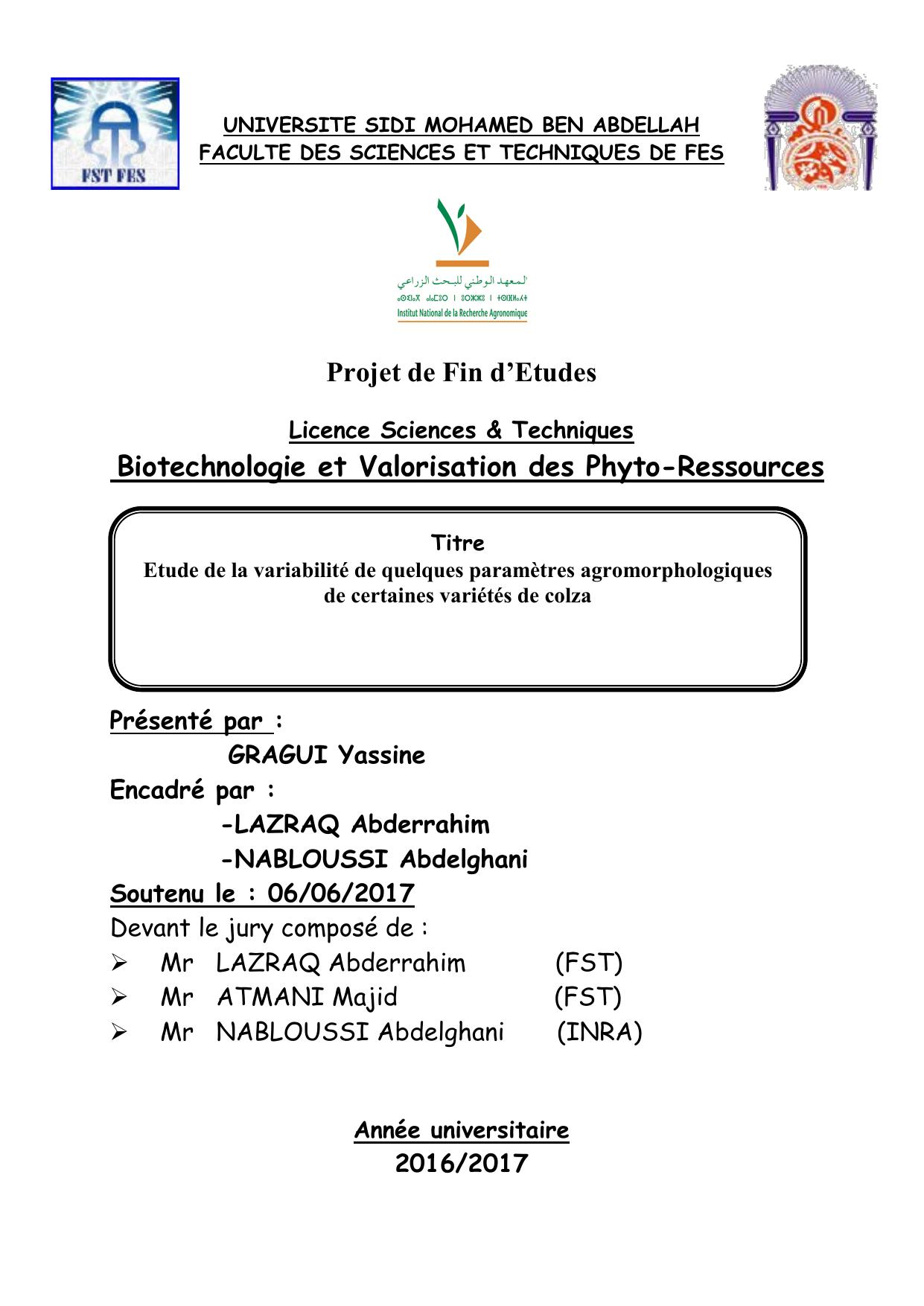 ude de la variabilité de quelques paramètres agromorphologiques de certaines variétés de colza