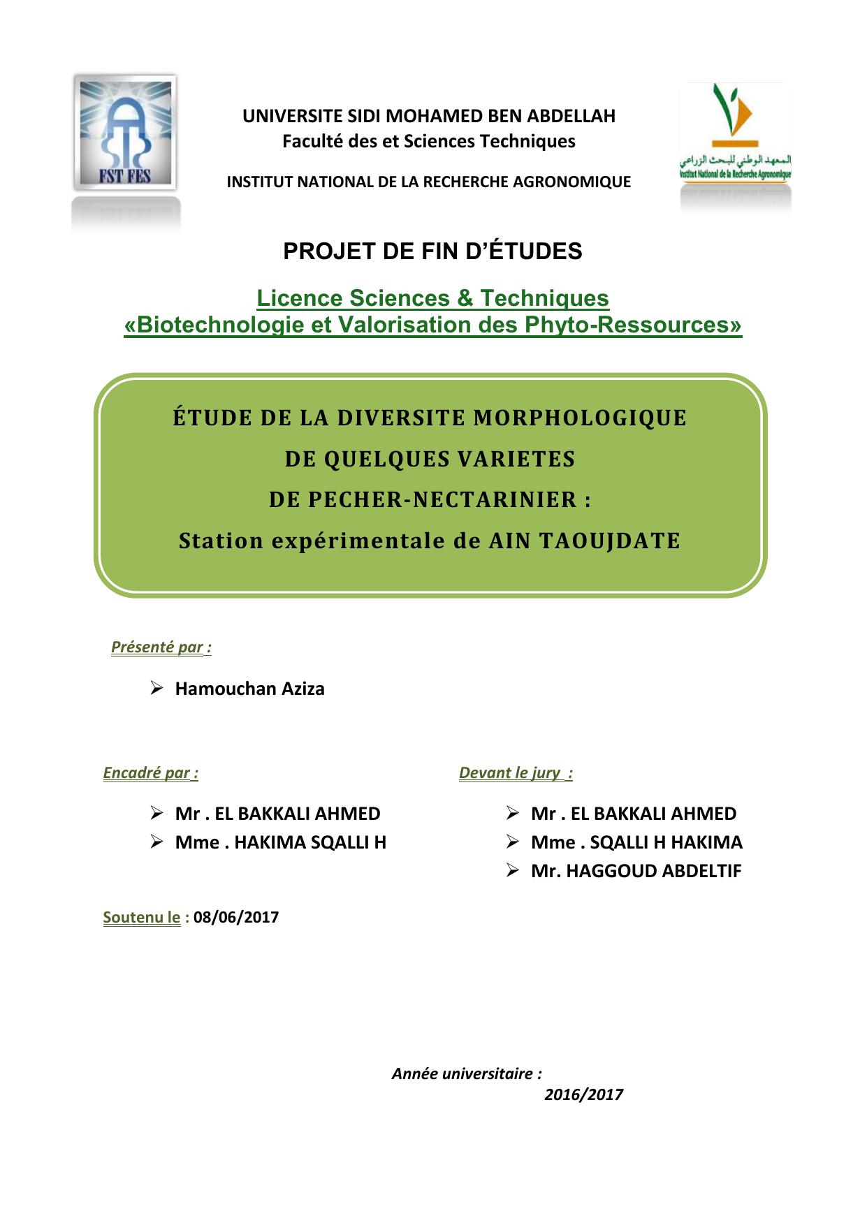 Etude de la diversité morphologique de quelques variétés de PECHER - NECTARINIER: Station expérimentale de Ain TAOUJDATE