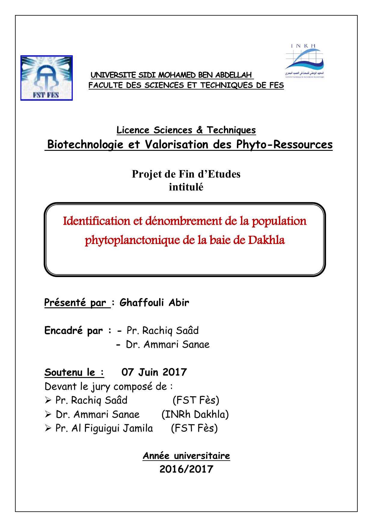 Identification et dénombrement de la population phytoplanctonique de la baie de Dakhla