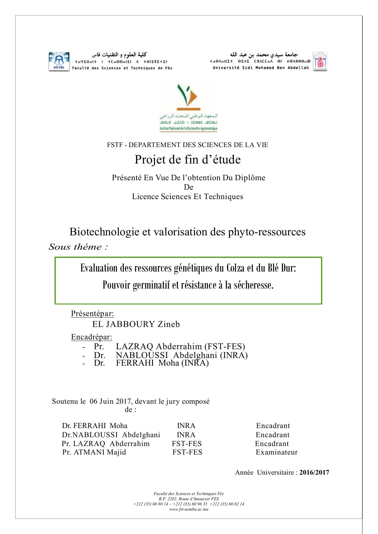 Evaluation des ressources génétiques du Colza et du Blé Dur: Pouvoir germinatif et résistance à la sécheresse