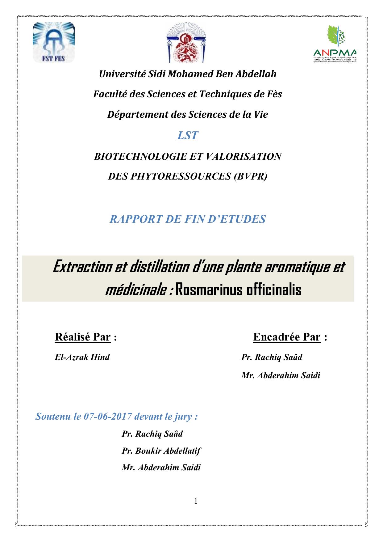 Extraction et distillation d'une plante aromatique et médicinale: Rosmarinus officinalis