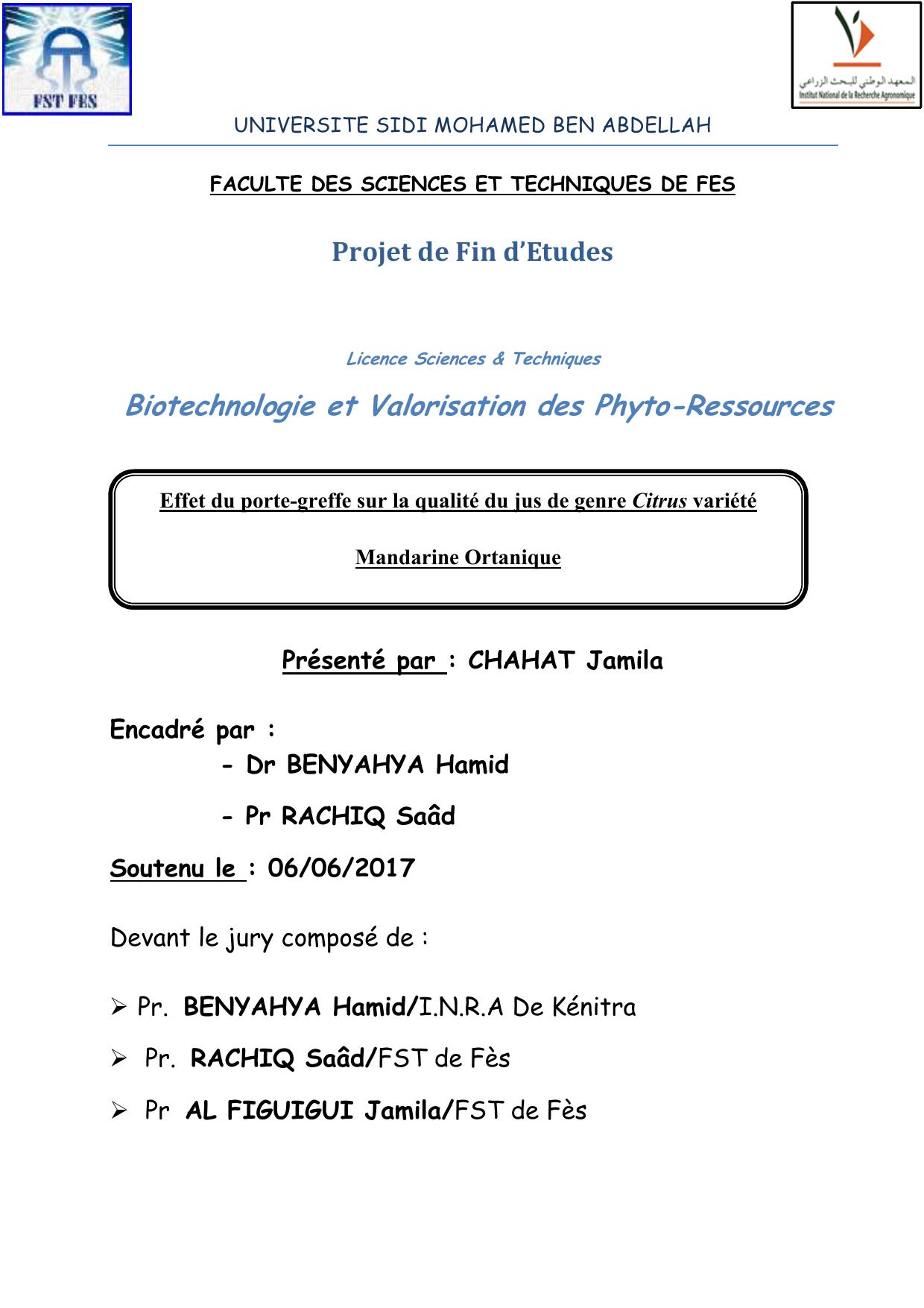 Effet du porte-greffe sur la qualité du jus de genre Citrus variété Mandarine Ortanique