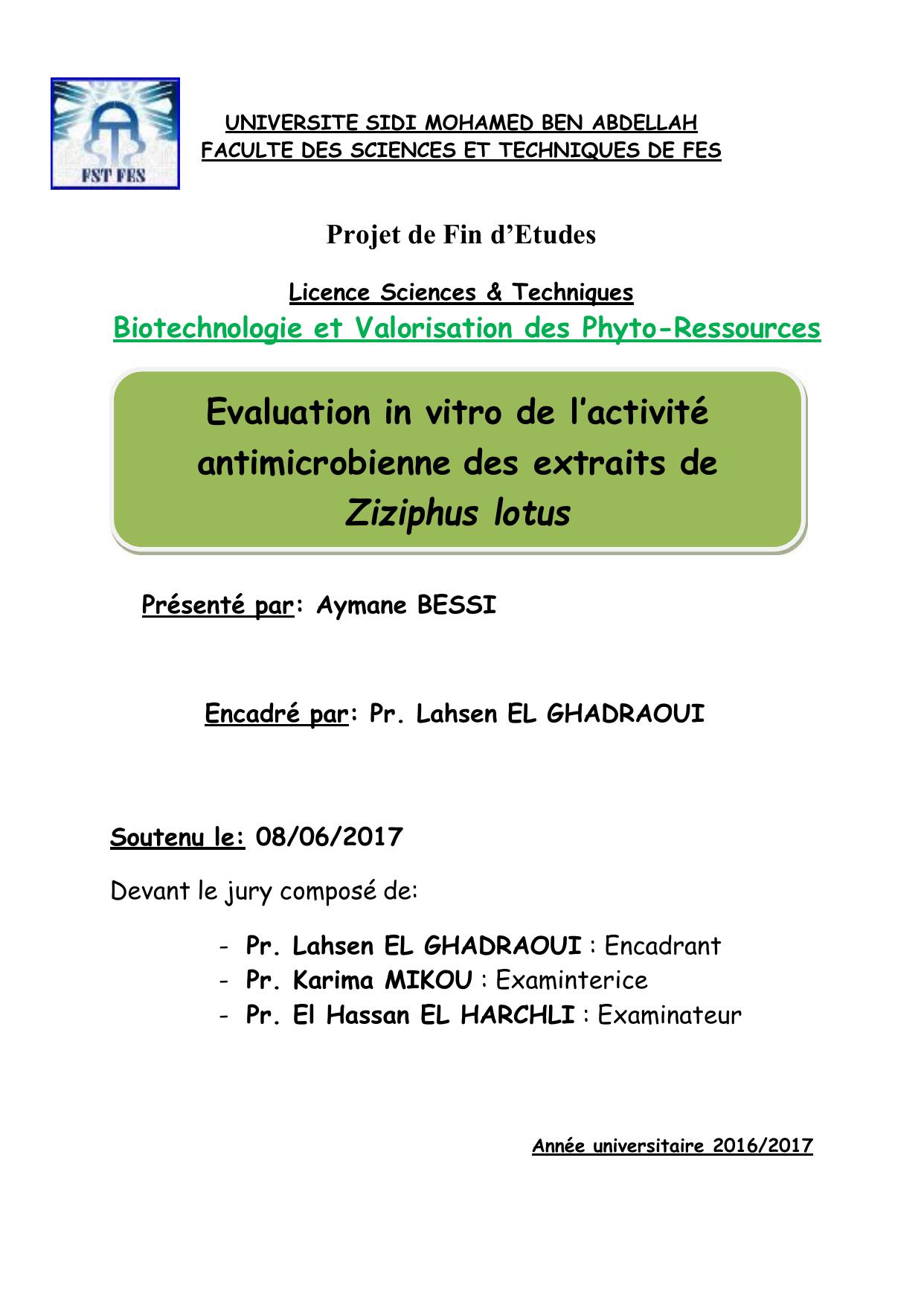 Evaluation in vitro de l’activité antimicrobienne des extraits de Ziziphus lotus