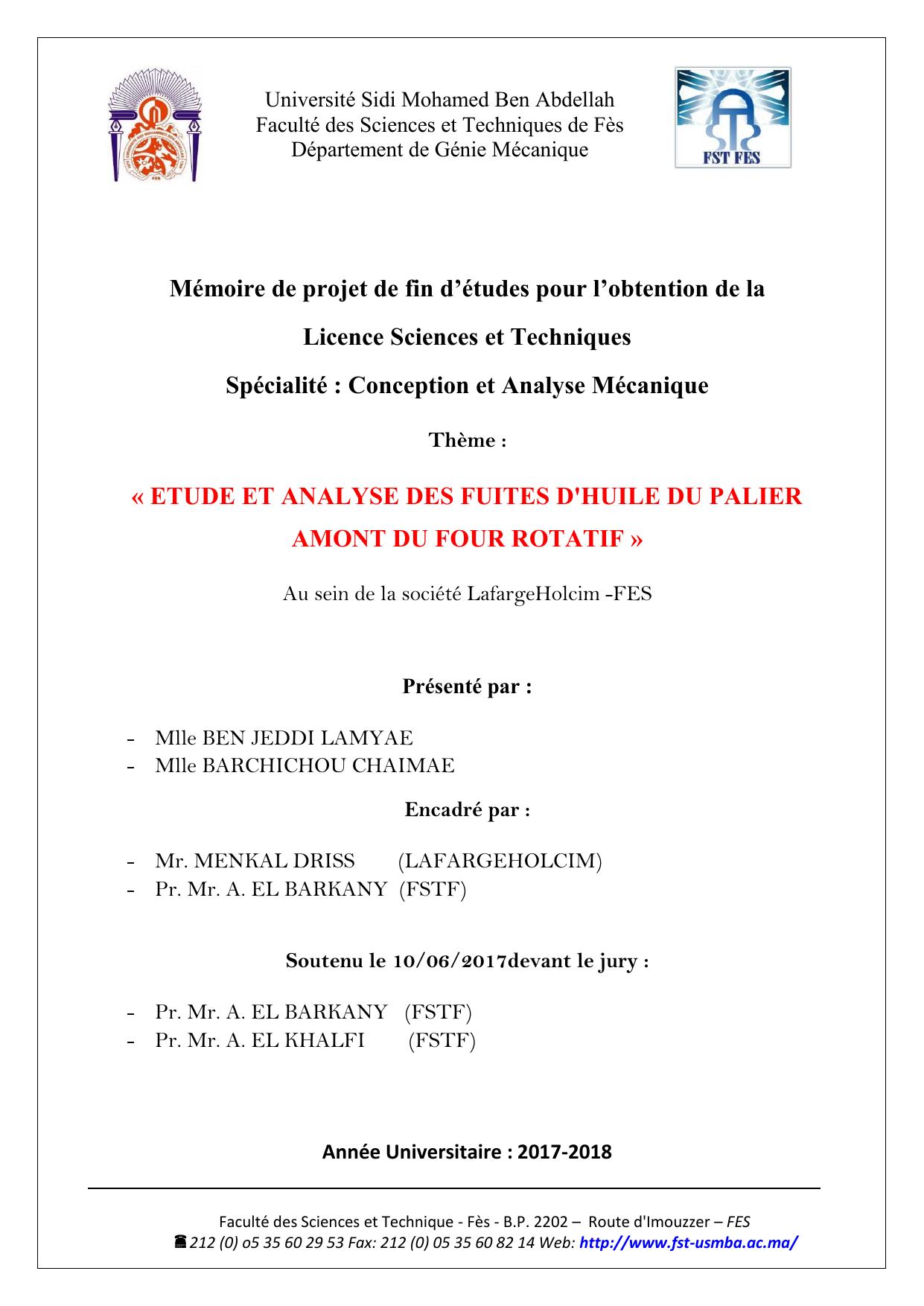 Etude d'analyse des fuites d'huile du palier amont du four rotatif