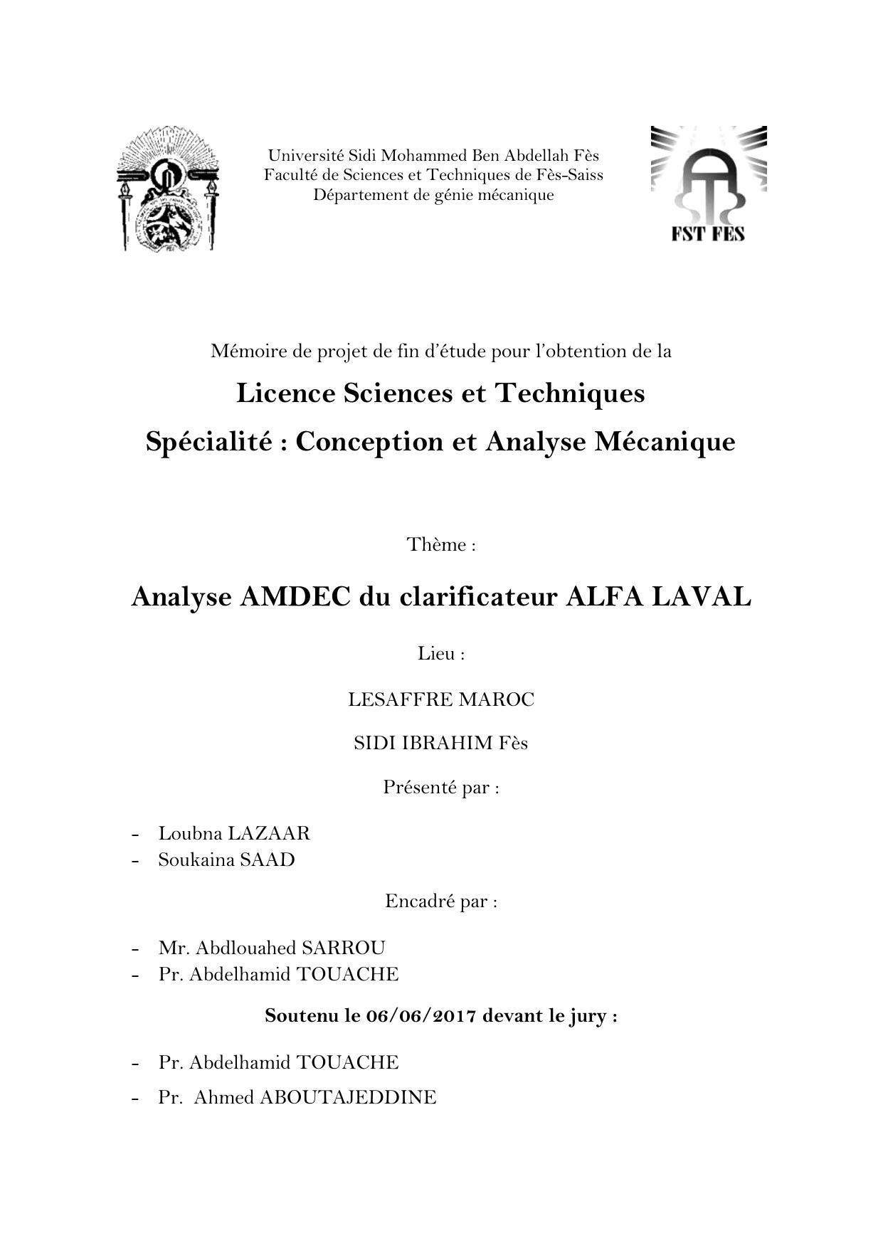 Analyse AMDEC du clarificateur ALFA LAVAL