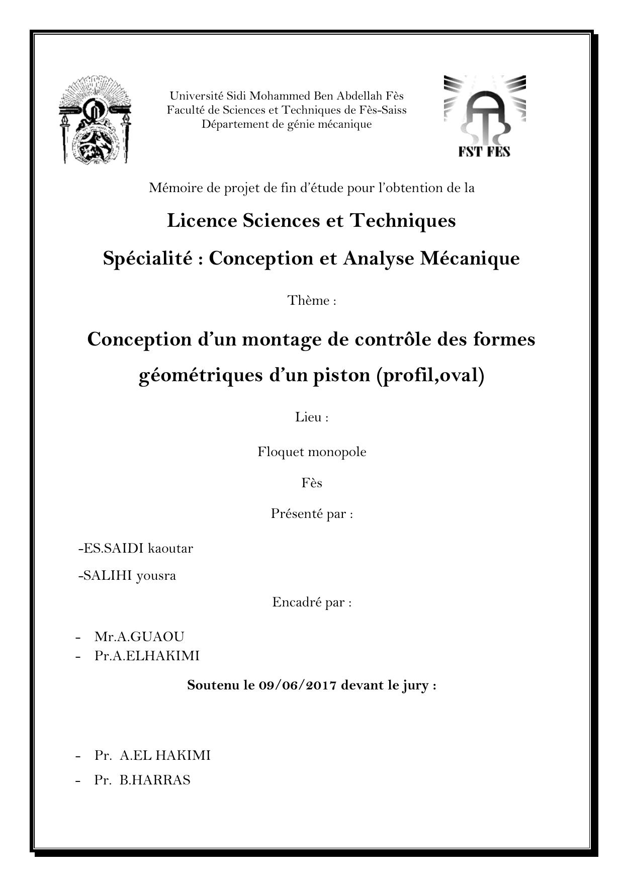 Conception d’un montage de contrôle des formes géométriques d’un piston (profil,oval)