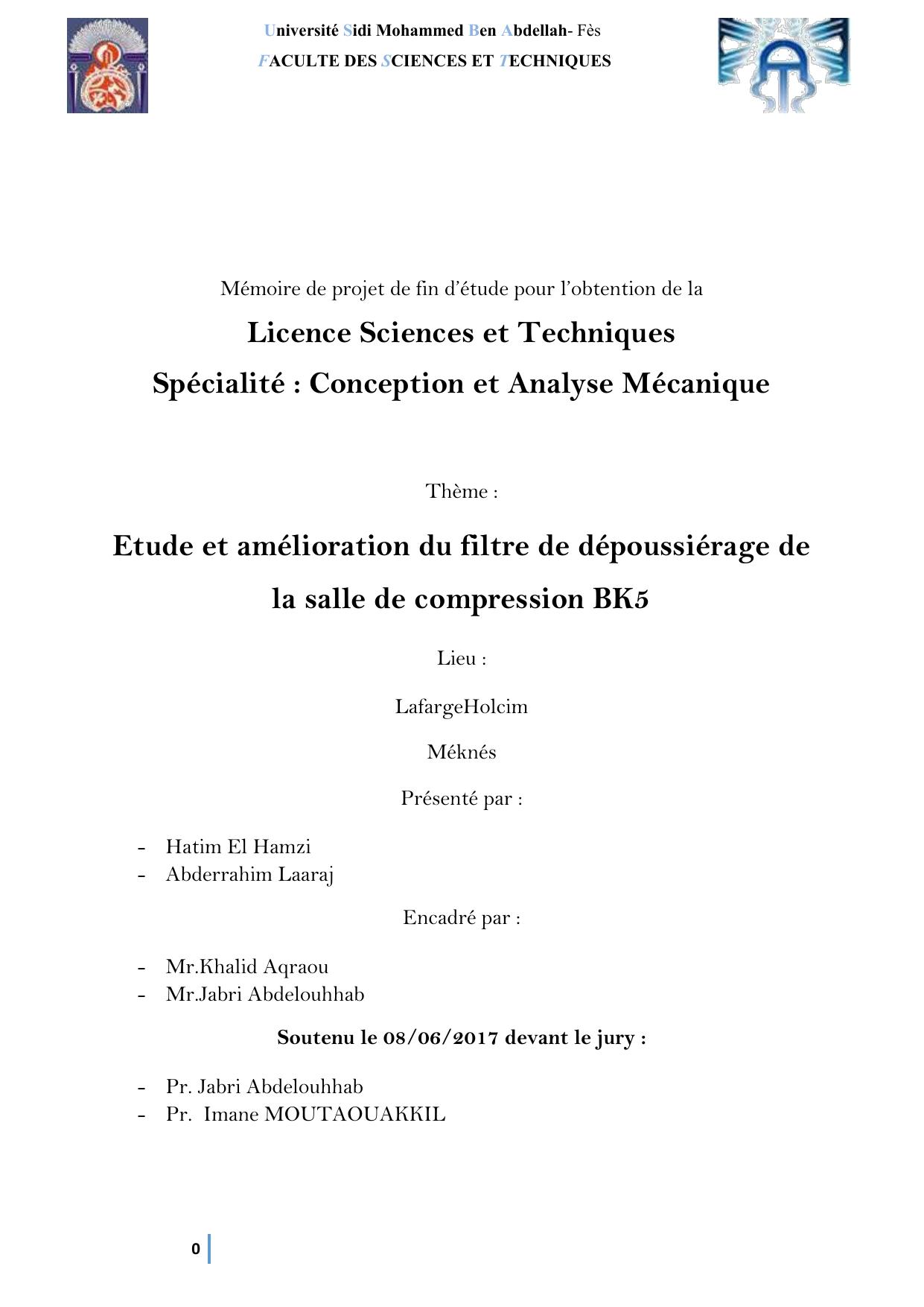 Etude et amélioration du filtre de dépoussiérage de la salle de compression BK5