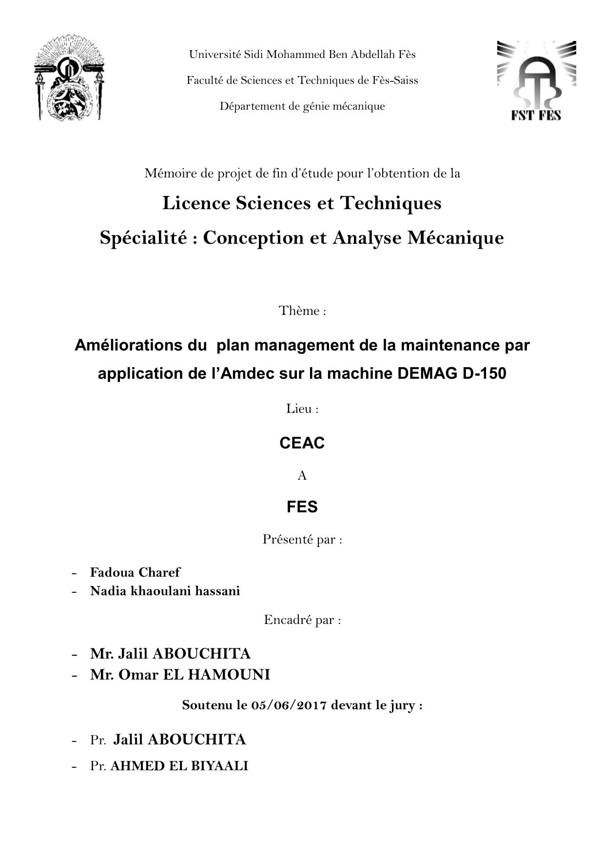 Amélioration du plan management de la maintenance par application de l'AMDEC sur la machine DEMAG D-150